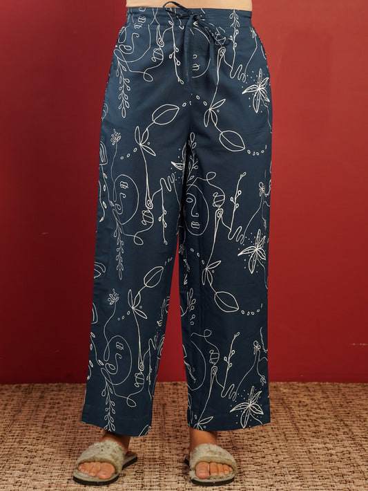 Soft cotton Abstract Blue Straight Trousers