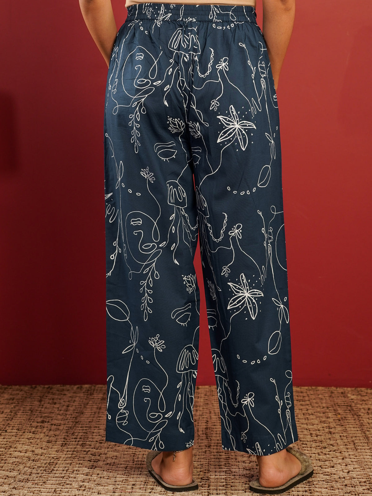 Soft cotton Abstract Blue Straight Trousers