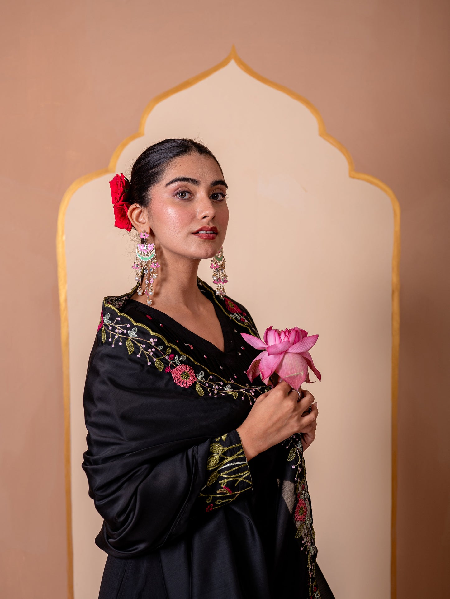 Embroidered Chanderi Solid Black Dupatta