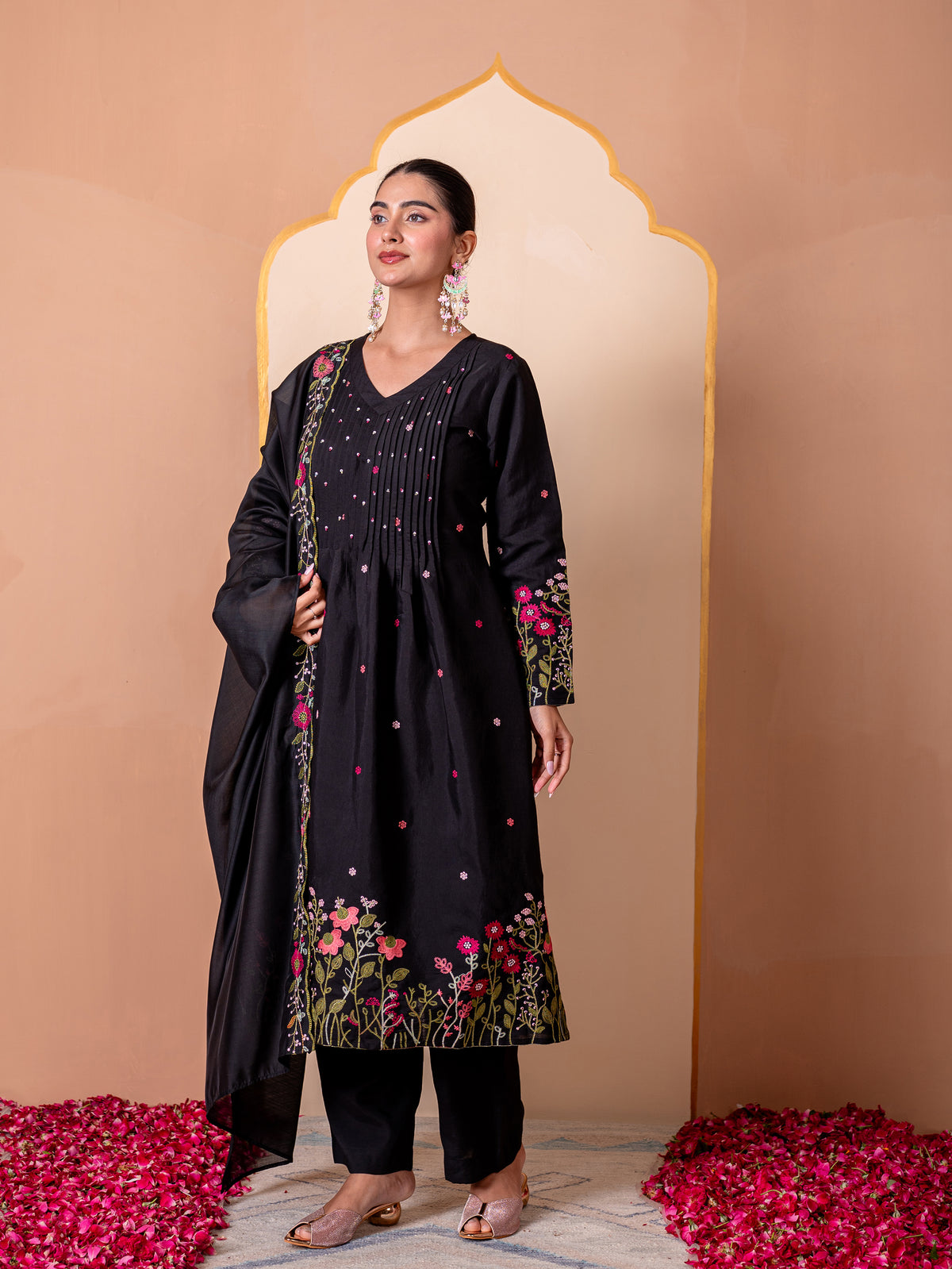 Embroidered Chanderi Solid Flared Black Kurta