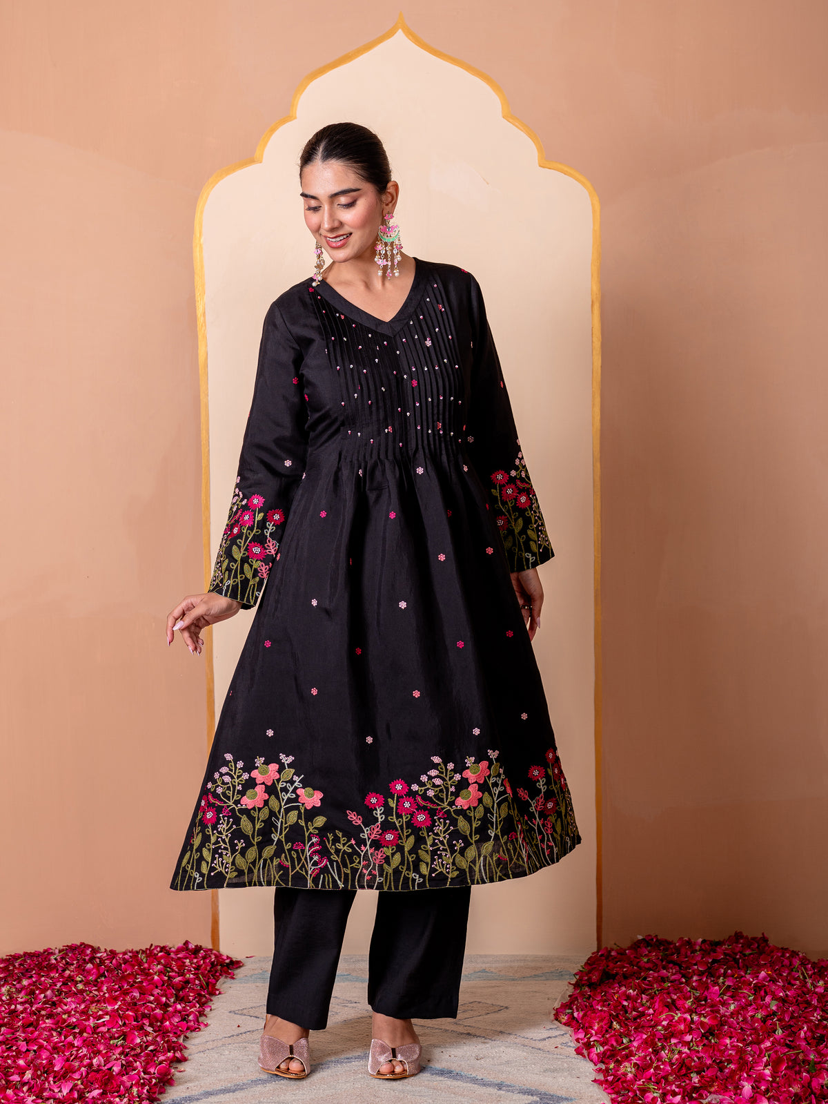 Embroidered Chanderi Solid Flared Black Kurta