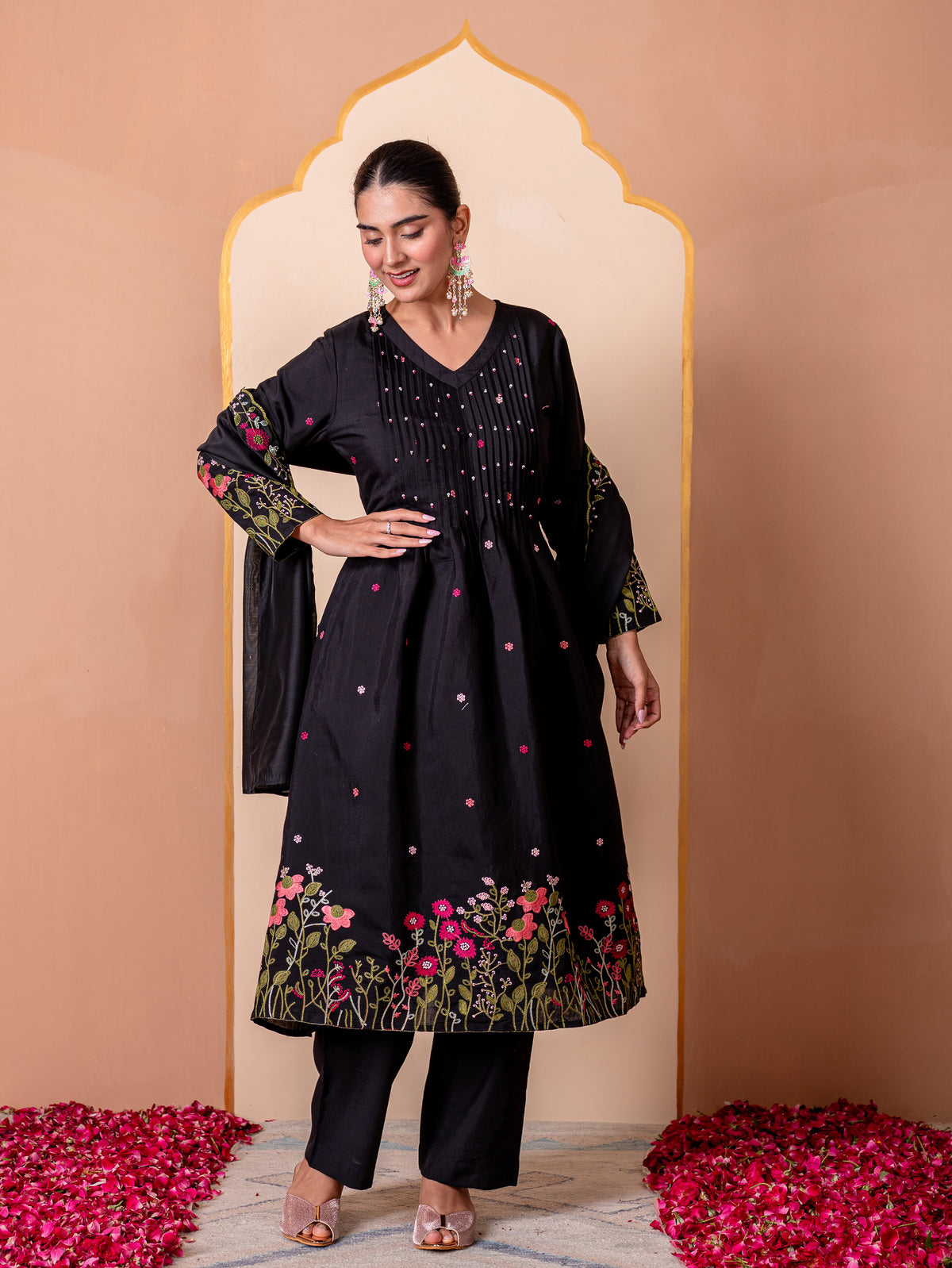Embroidered Chanderi Solid Flared Black Kurta