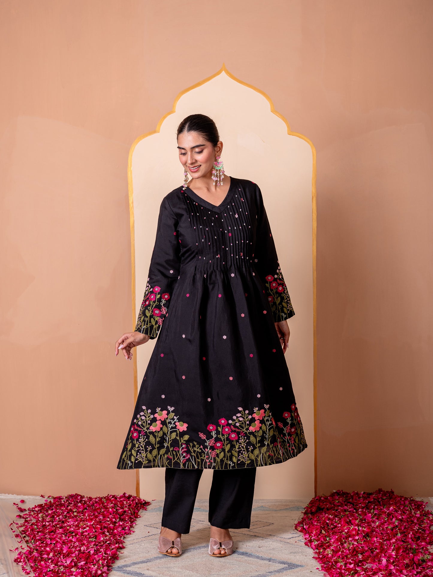 Embroidered Chanderi Solid Flared Black Kurta