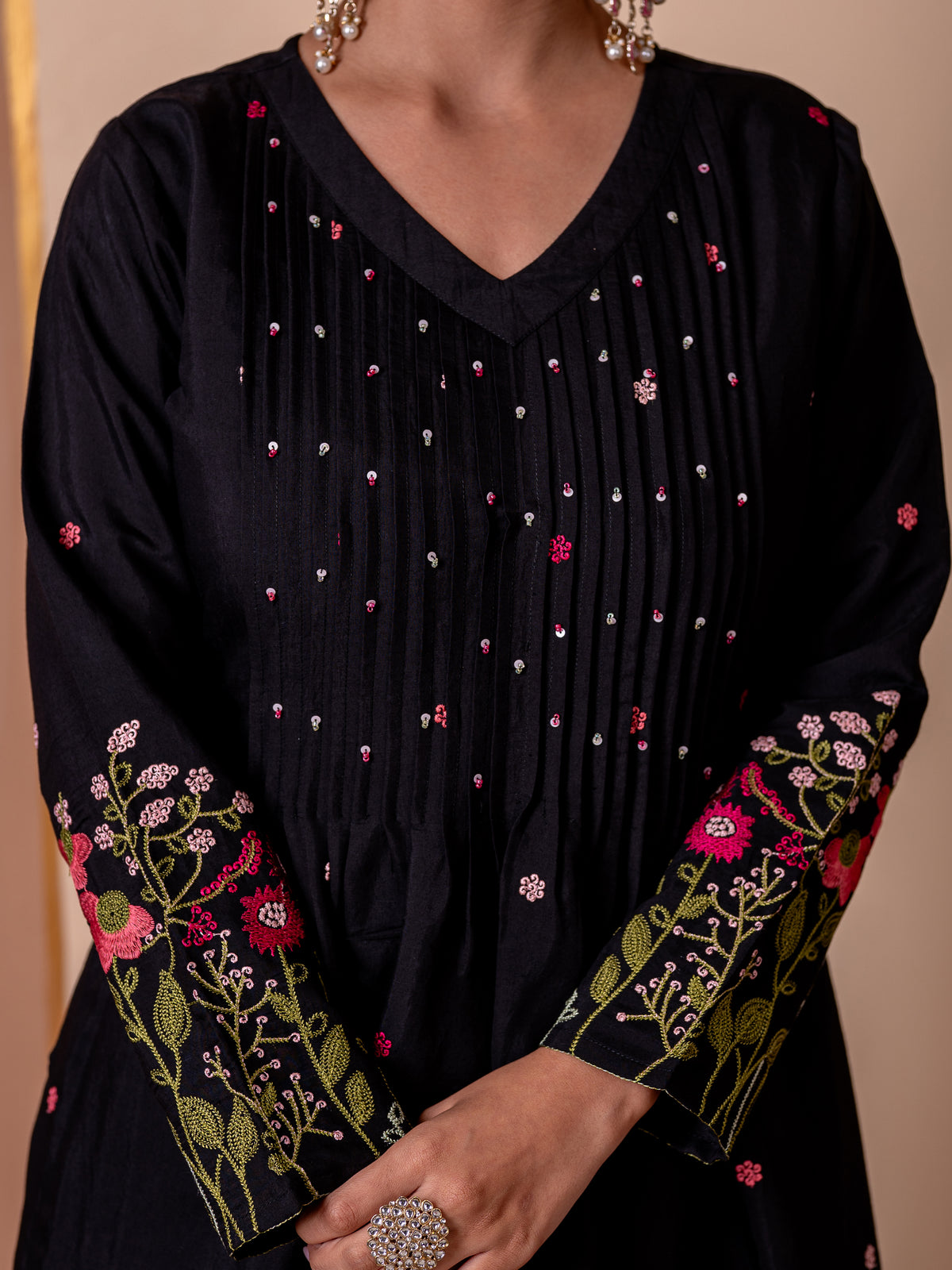 Embroidered Chanderi Solid Flared Black Kurta