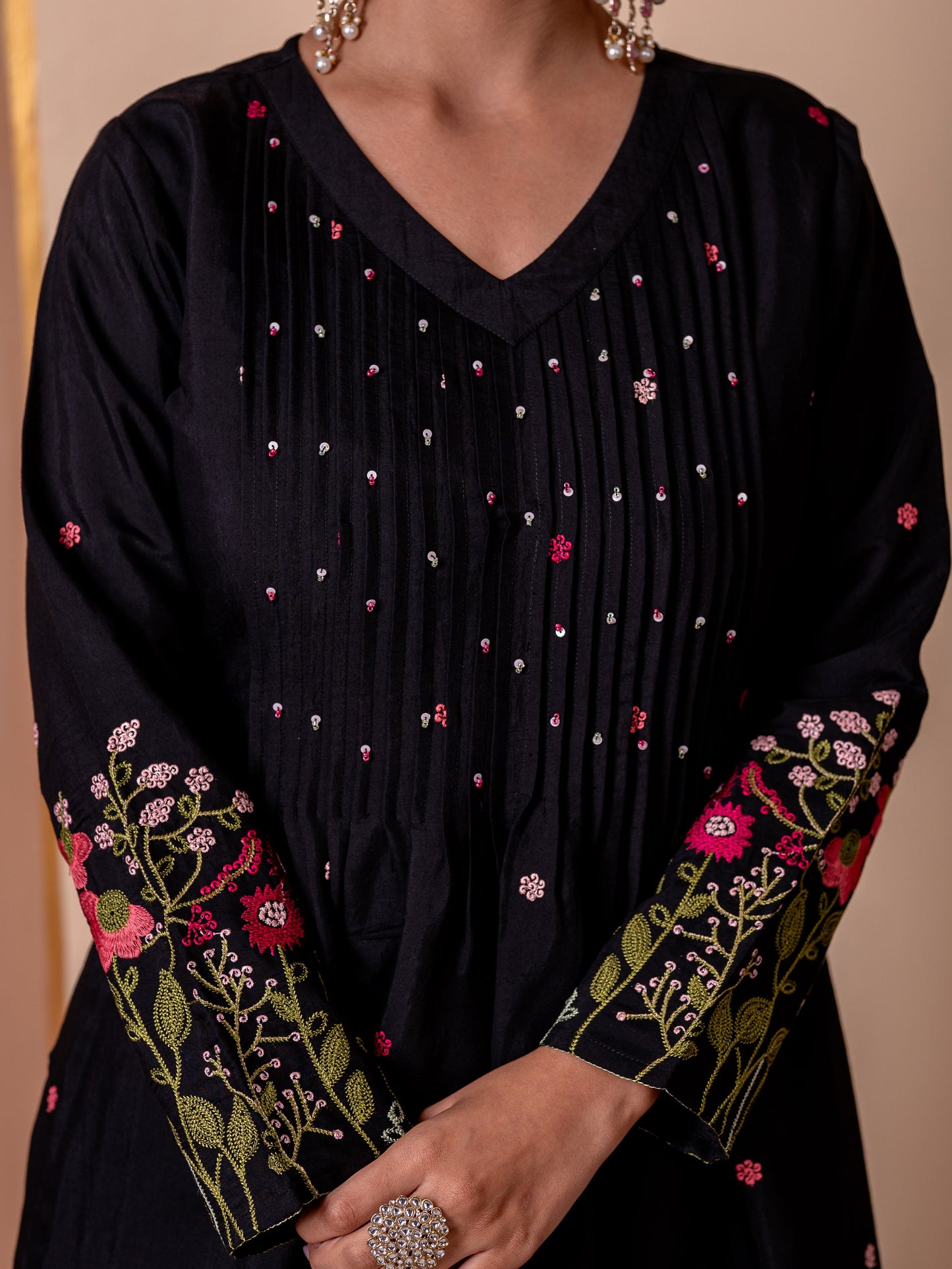 Embroidered Chanderi Solid Flared Black Kurta