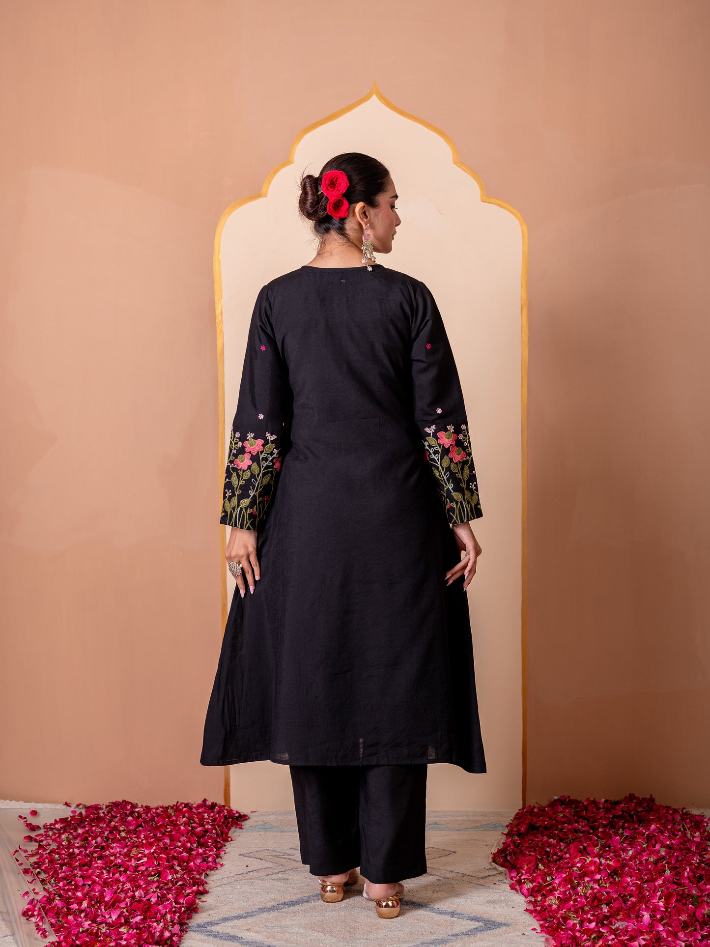 Embroidered Chanderi Solid Flared Black Kurta