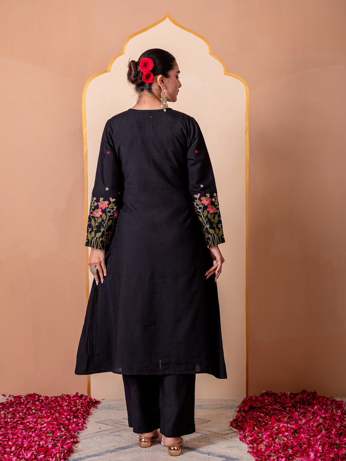 Embroidered Chanderi Solid Flared Black Kurta