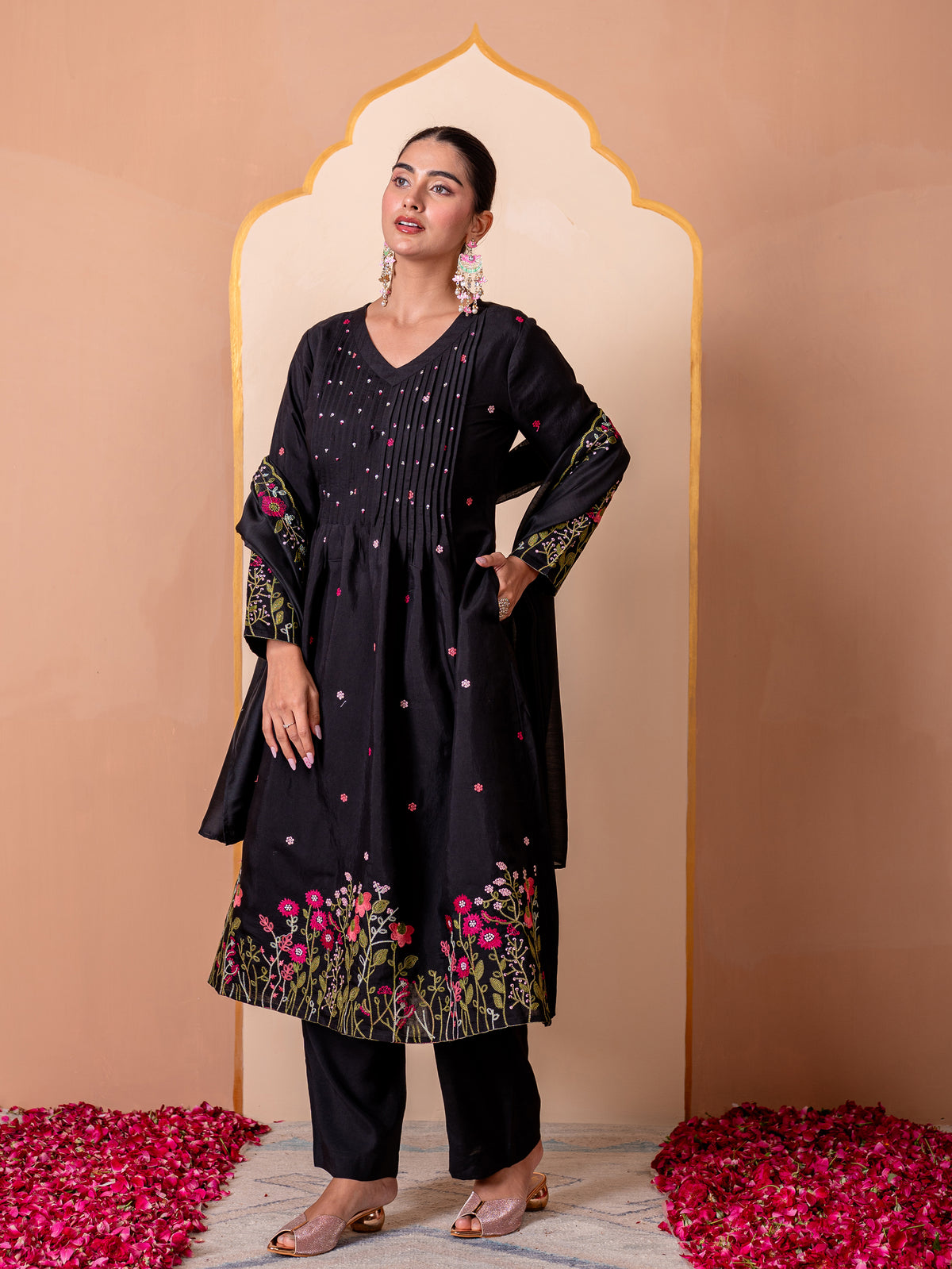 Embroidered Chanderi Solid Flared Black Kurta
