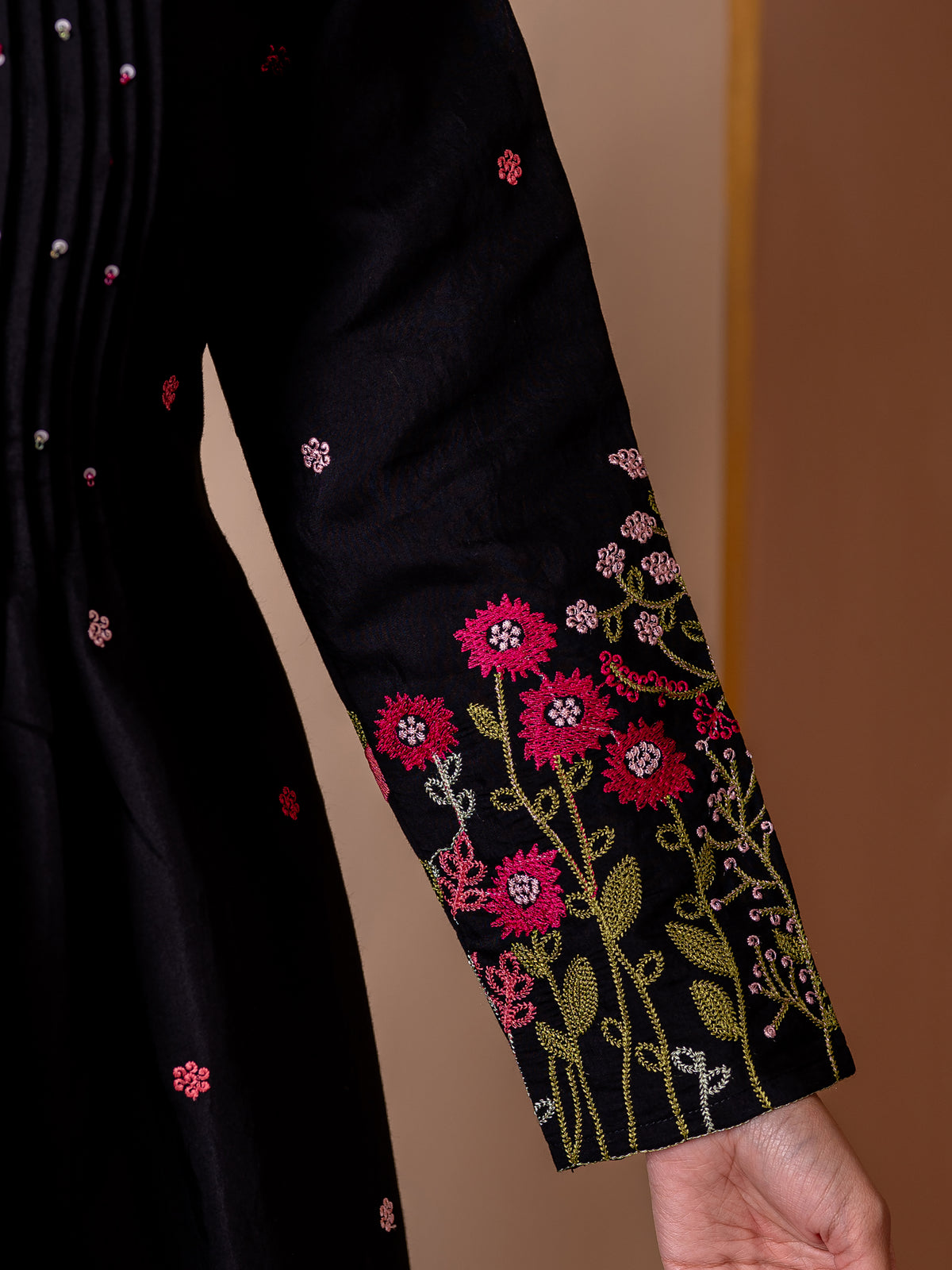 Embroidered Chanderi Solid Flared Black Kurta