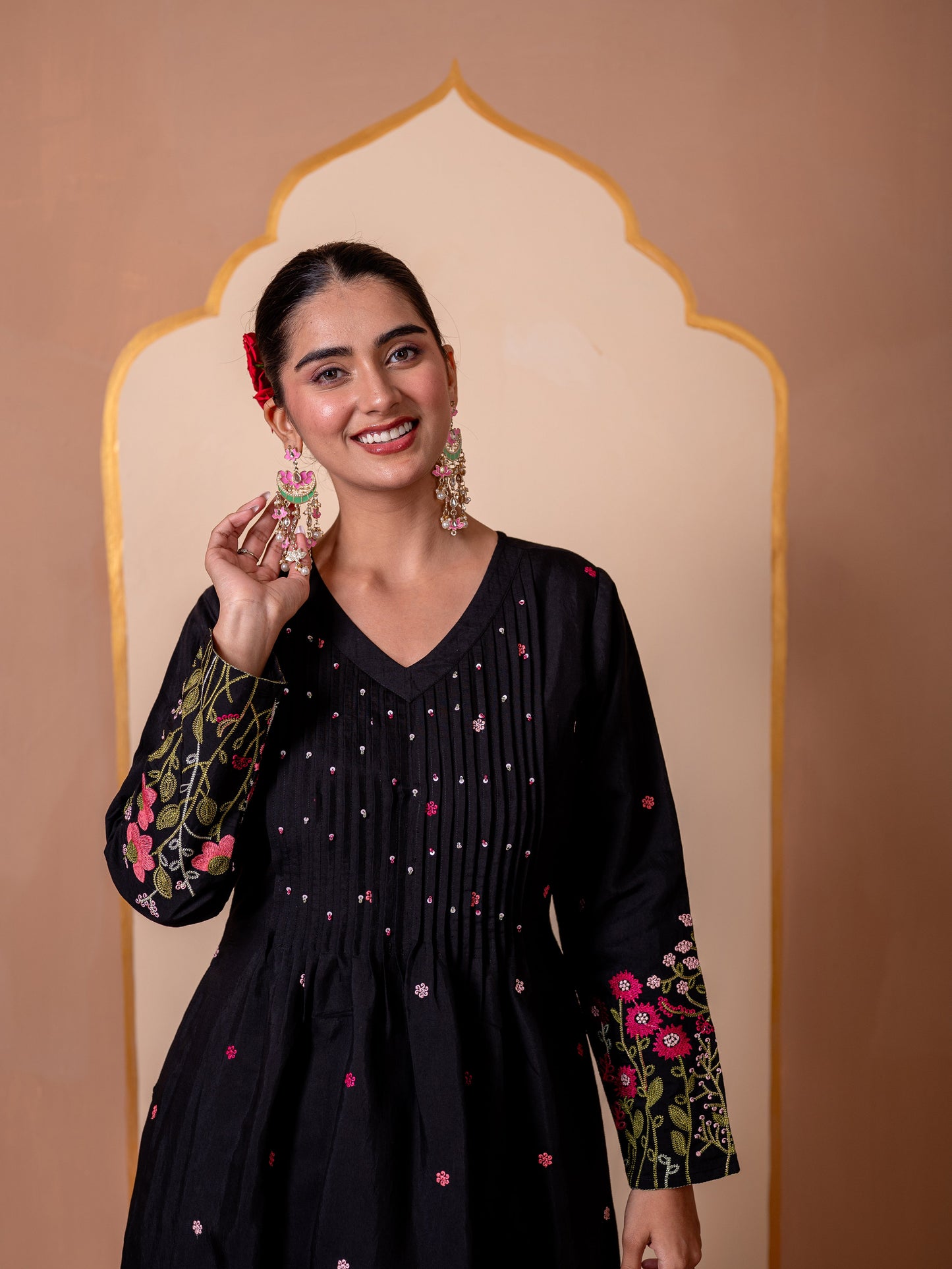 Embroidered Chanderi Solid Flared Black Kurta