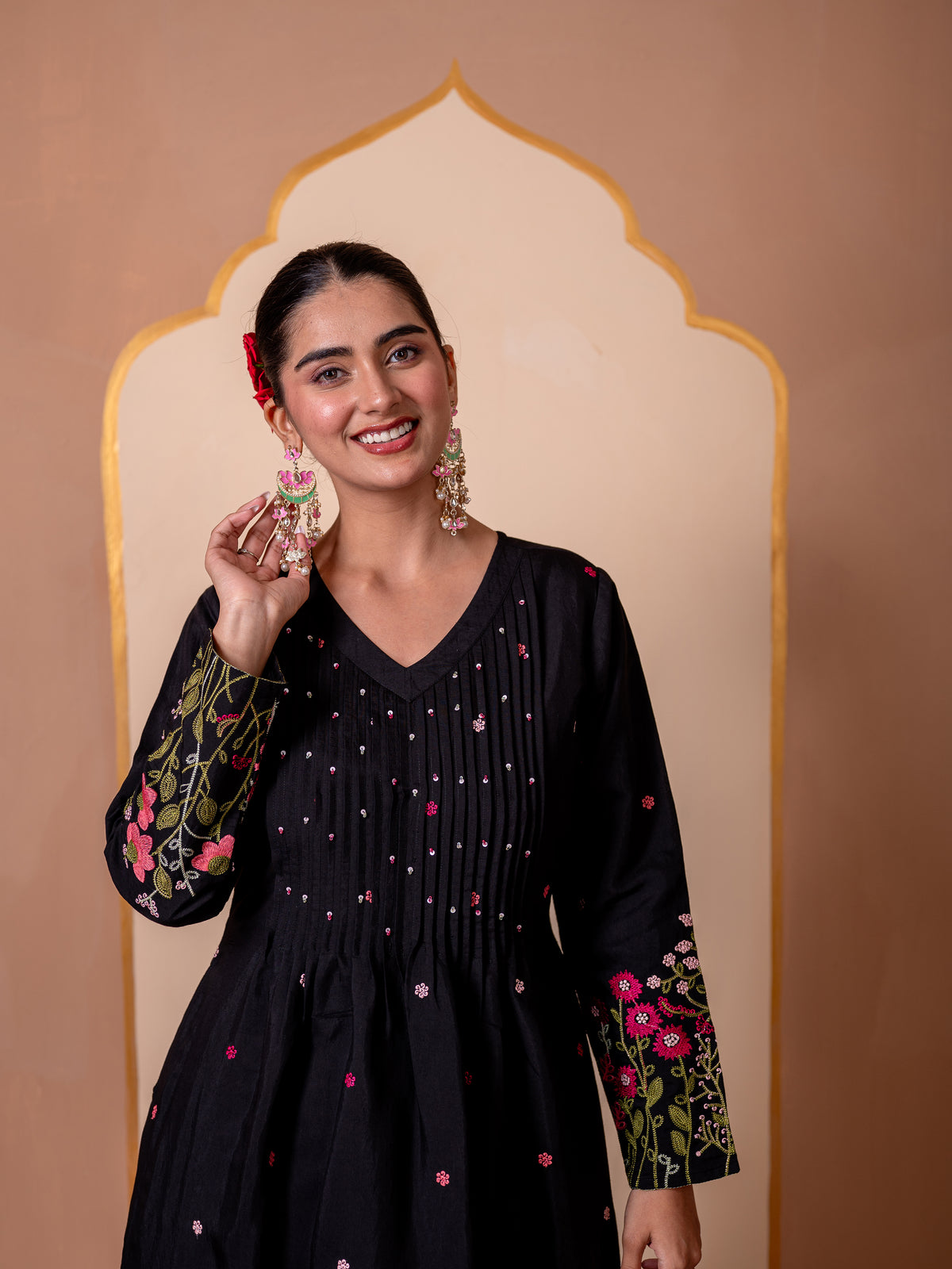 Embroidered Chanderi Solid Flared Black Kurta