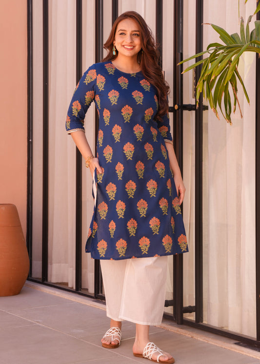 Soft Cotton Floral Straight Blue Kurta
