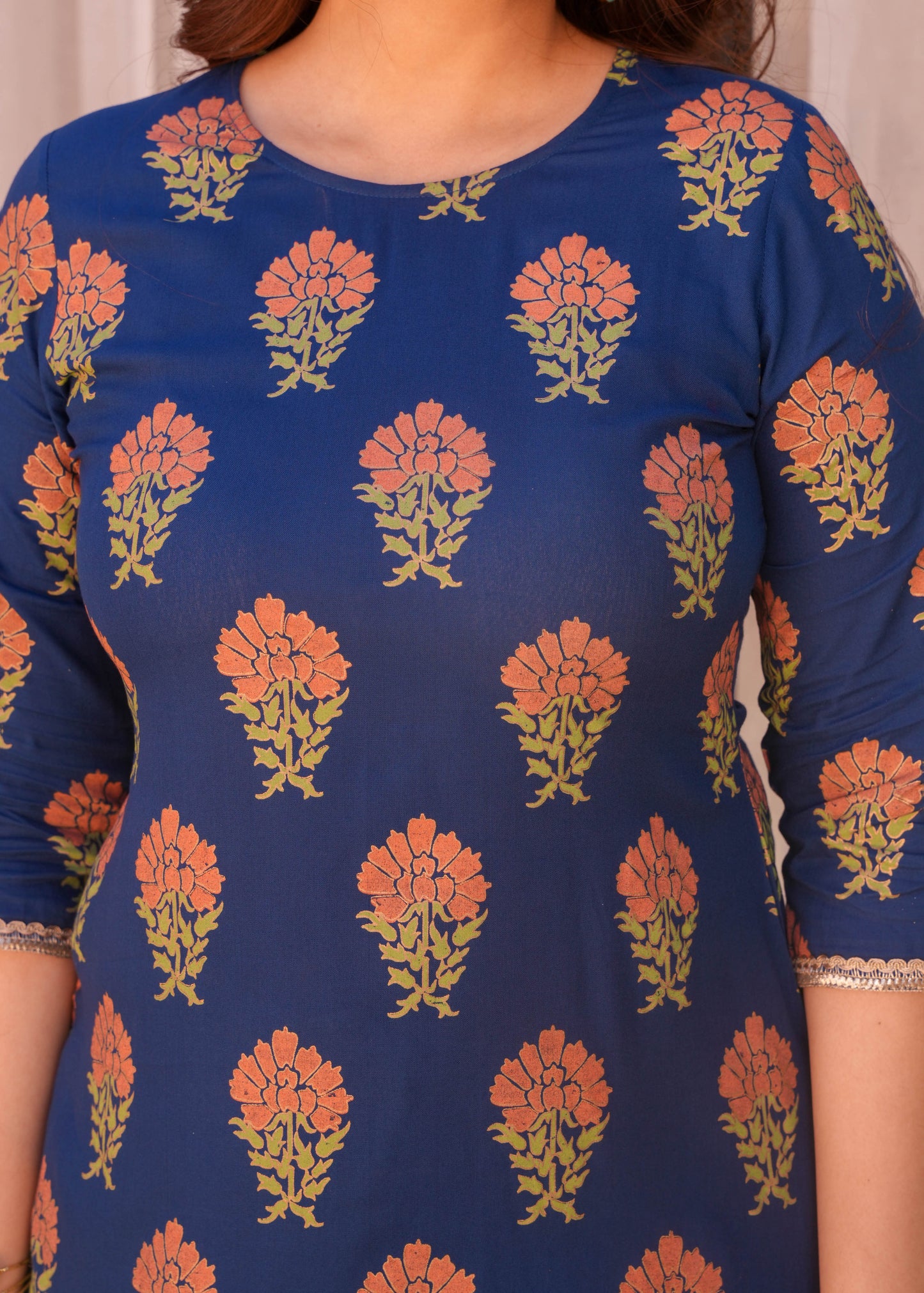 Soft Cotton Floral Straight Blue Kurta