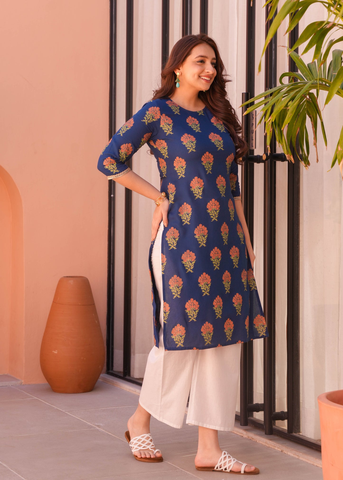 Soft Cotton Floral Straight Blue Kurta