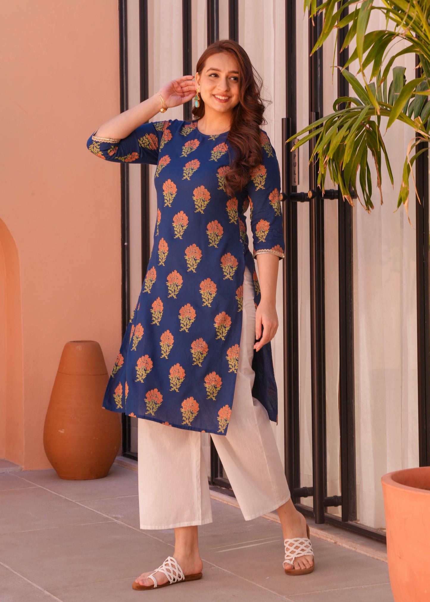 Soft Cotton Floral Straight Blue Kurta