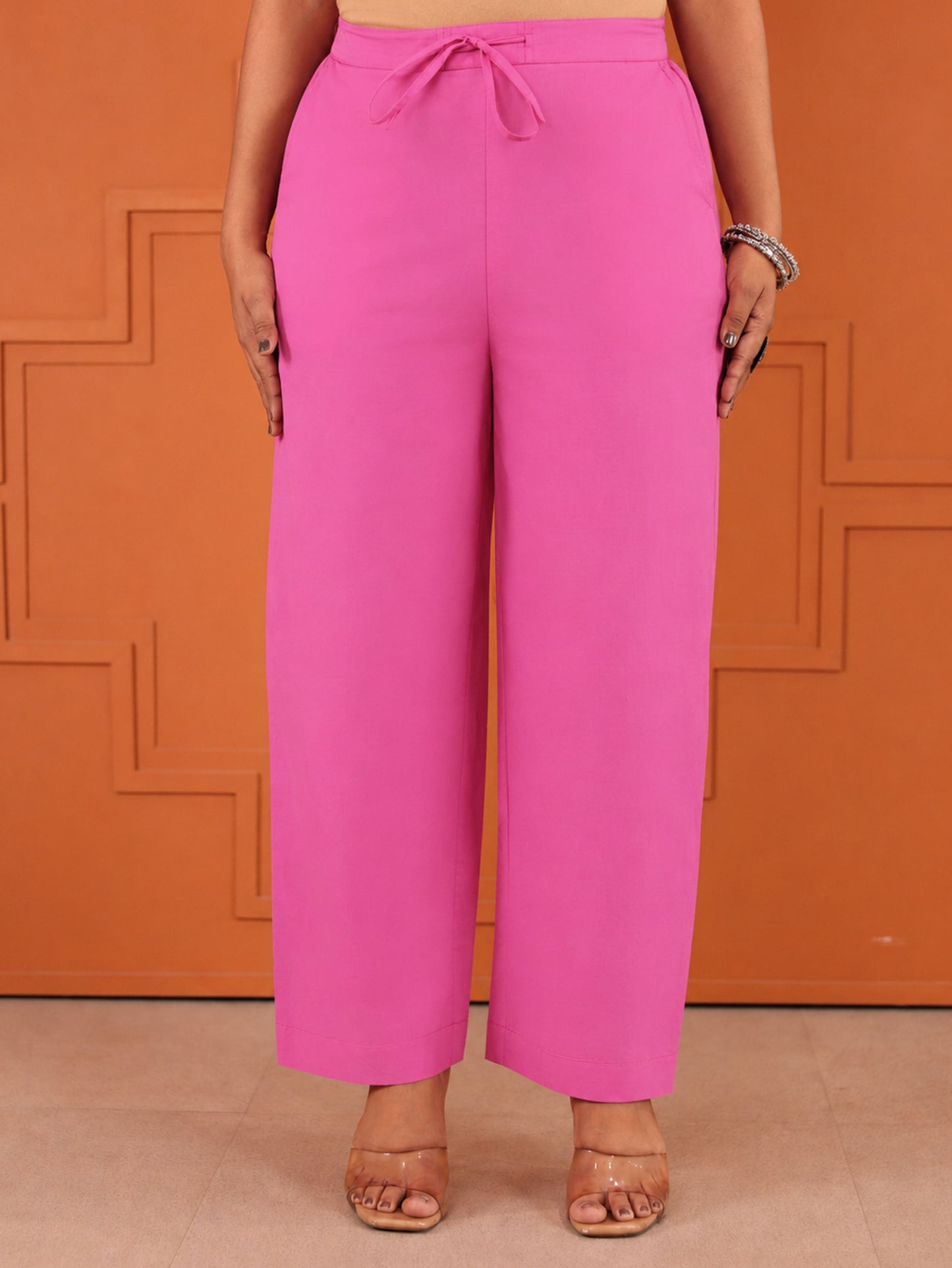 Soft cotton Solid Pink Straight Trousers