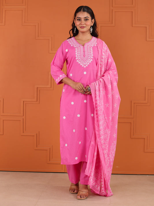 Embroidered Soft cotton Solid Straight Pink Kurta