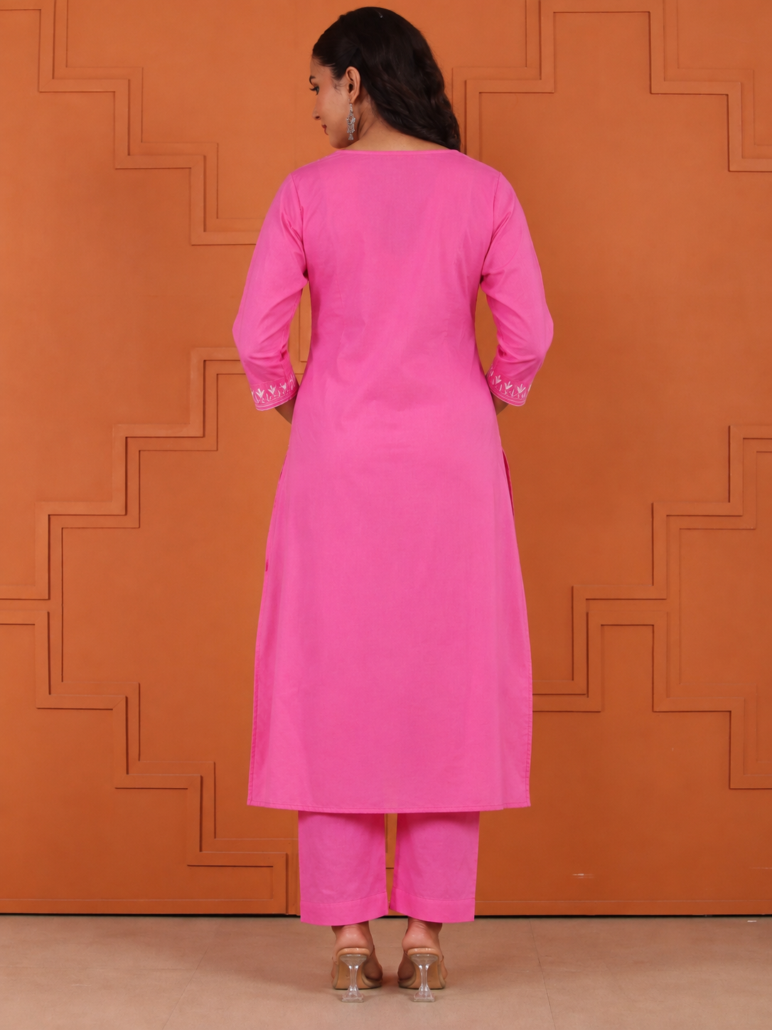 Embroidered Soft cotton Solid Straight Pink Kurta