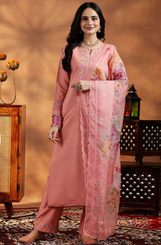 Embroidered Chanderi Floral Peach Dupatta