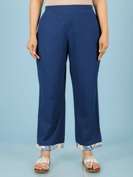Linen Cotton Solid Blue Straight Trousers