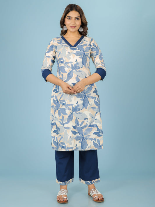 Linen Cotton Floral Straight Blue Kurta