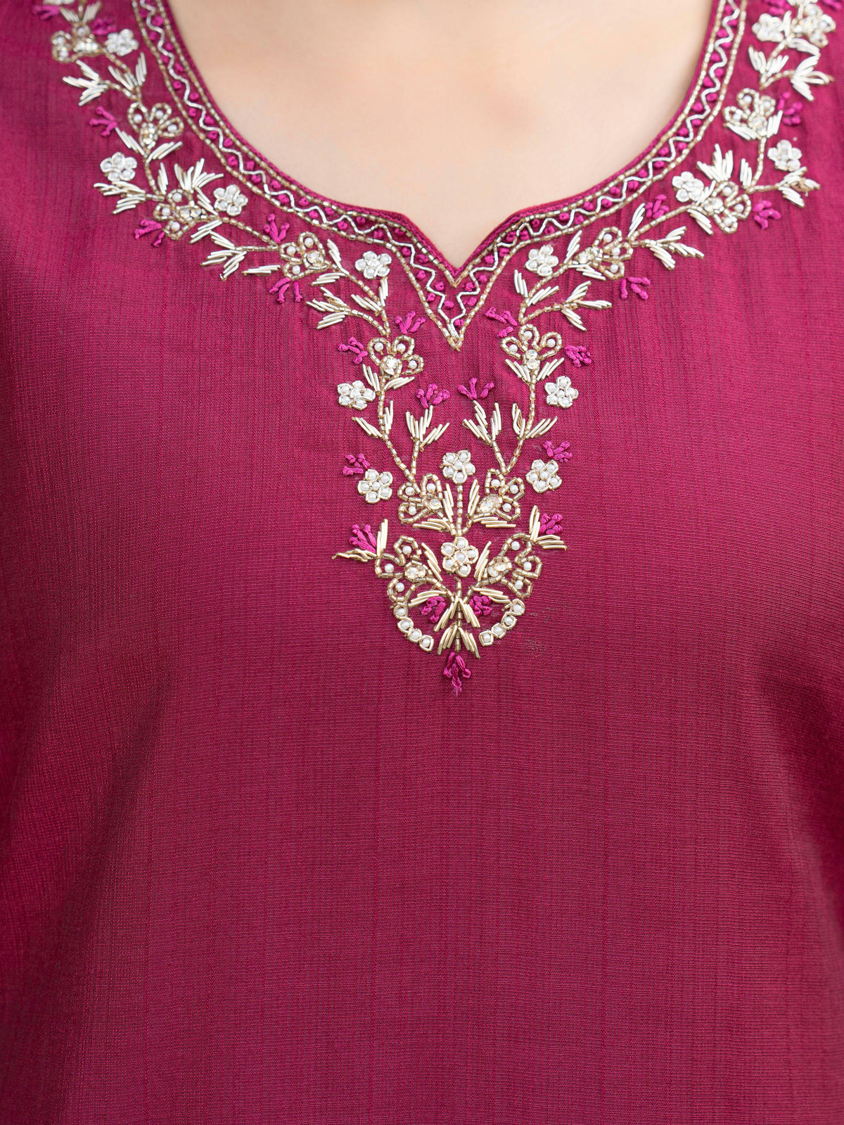 Embroidered Blended Silk Solid Straight Maroon Kurta