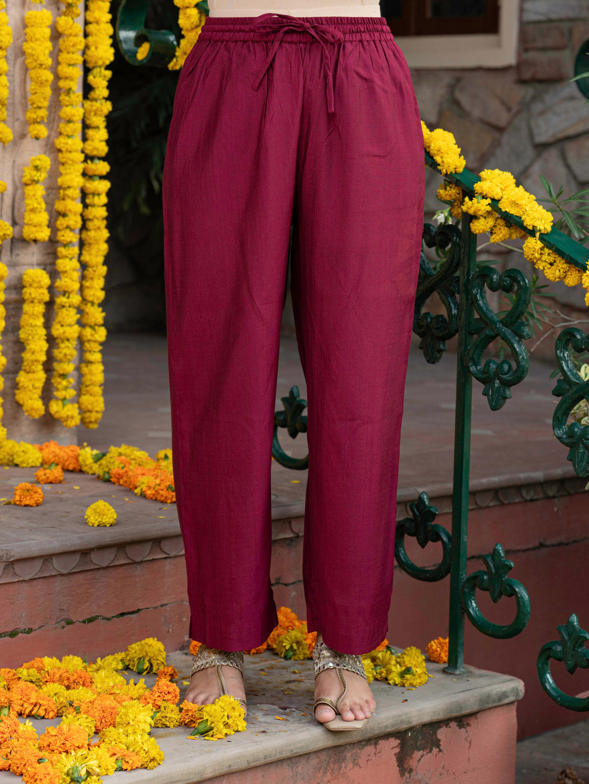 Embroidered Blended Silk Solid Straight Maroon Kurta