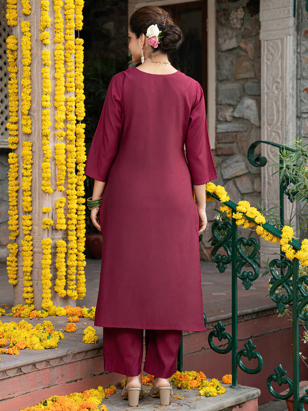 Embroidered Blended Silk Solid Straight Maroon Kurta