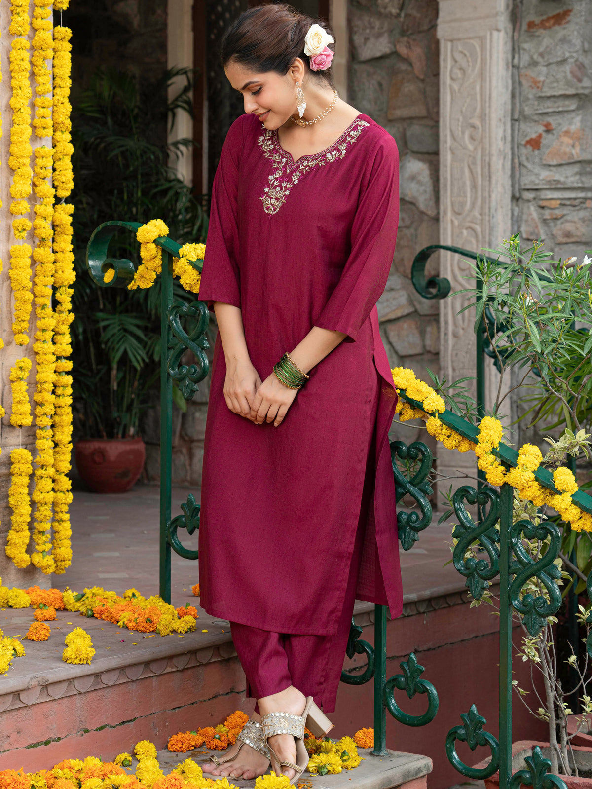 Embroidered Blended Silk Solid Straight Maroon Kurta