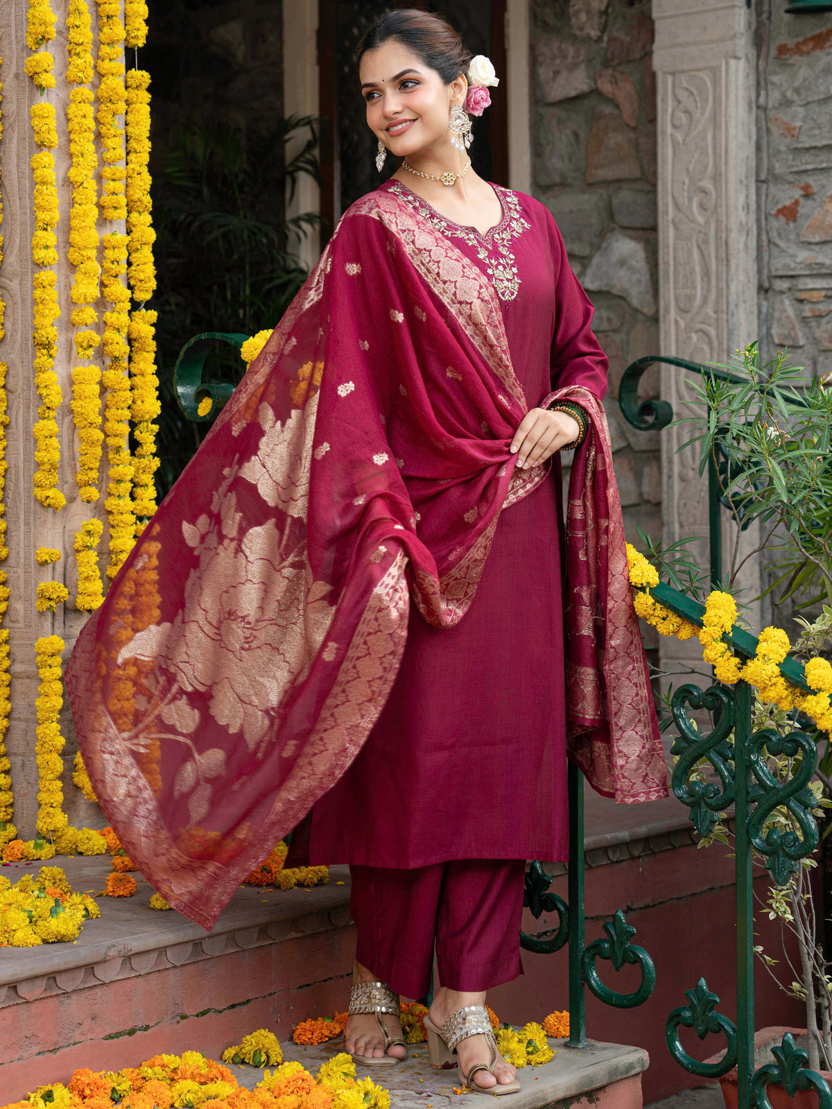 Embroidered Blended Silk Solid Straight Maroon Kurta