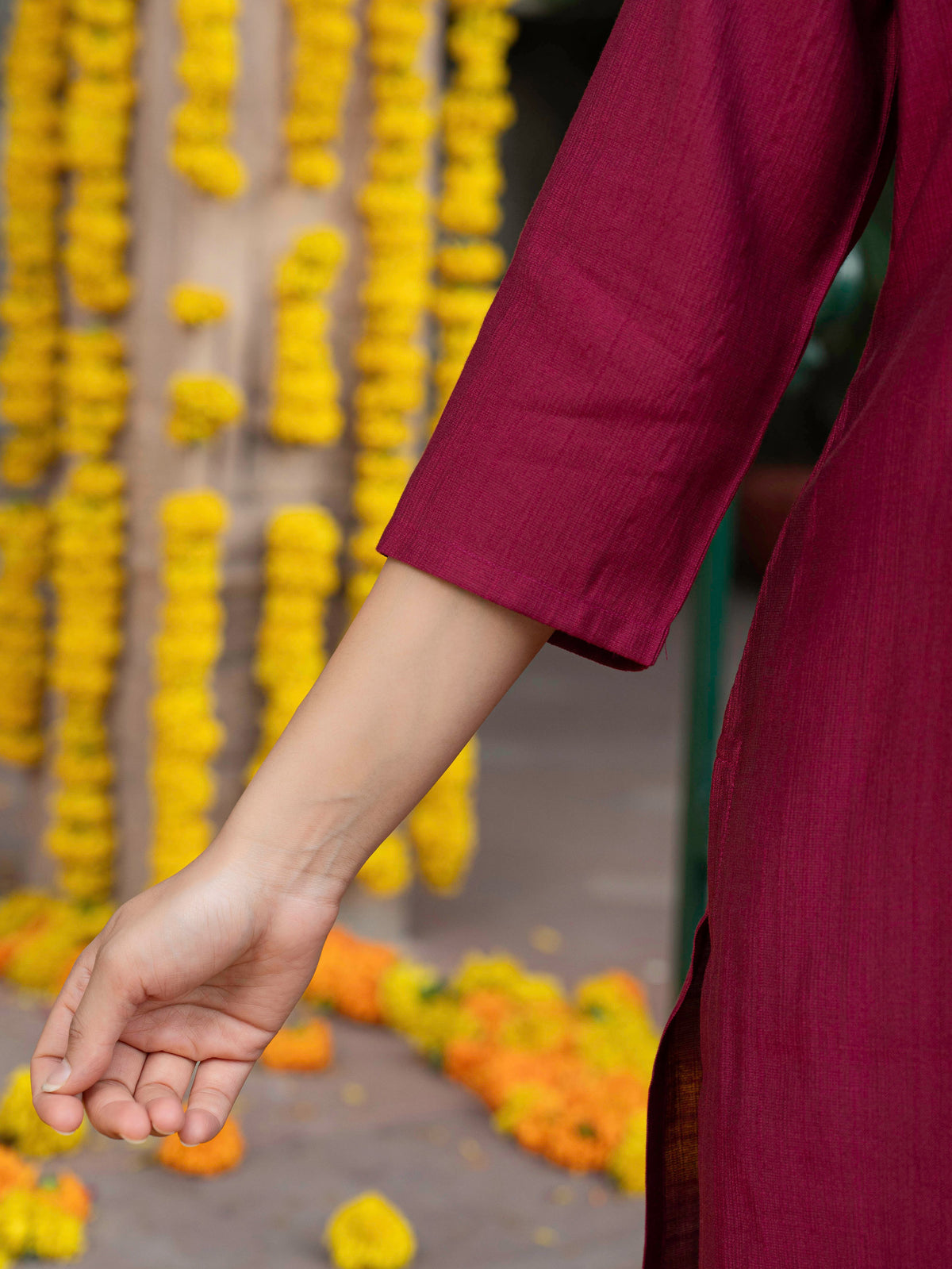 Embroidered Blended Silk Solid Straight Maroon Kurta
