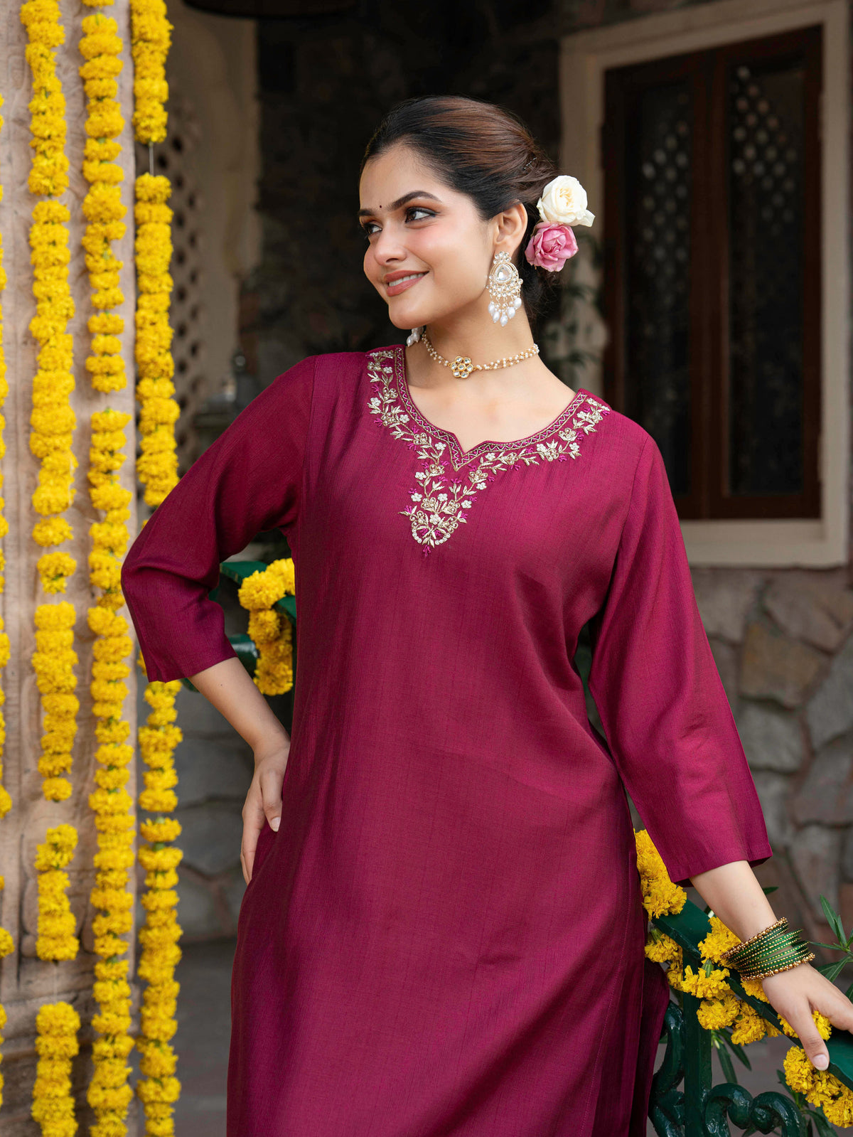 Embroidered Blended Silk Solid Straight Maroon Kurta