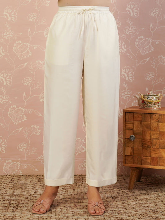 Blended Silk Solid Cream Straight Trousers