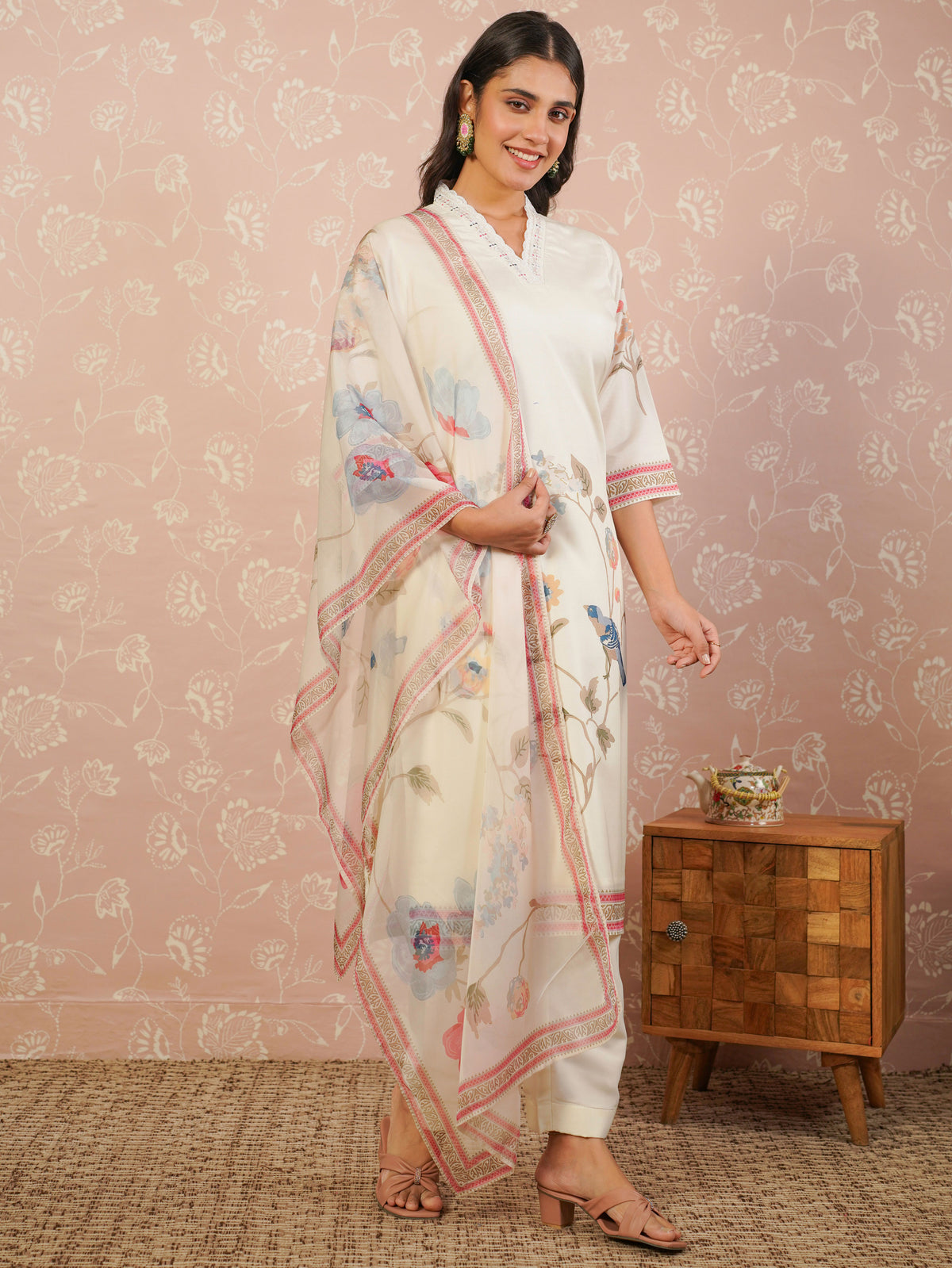Organza Floral Cream Dupatta