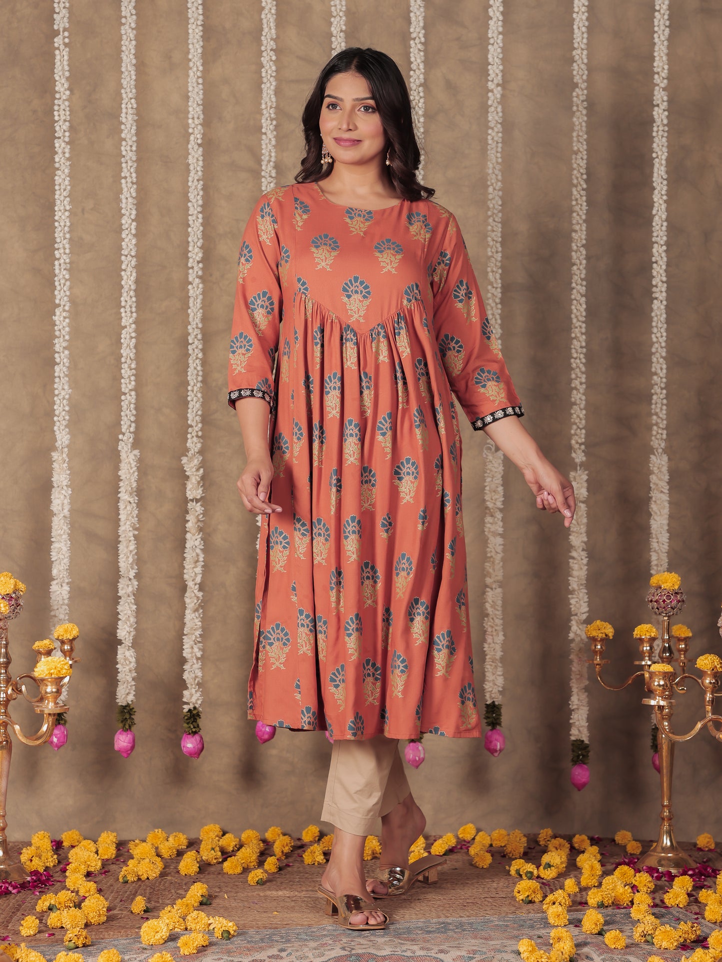 Viscose Butti Flared Rust Orange Kurta