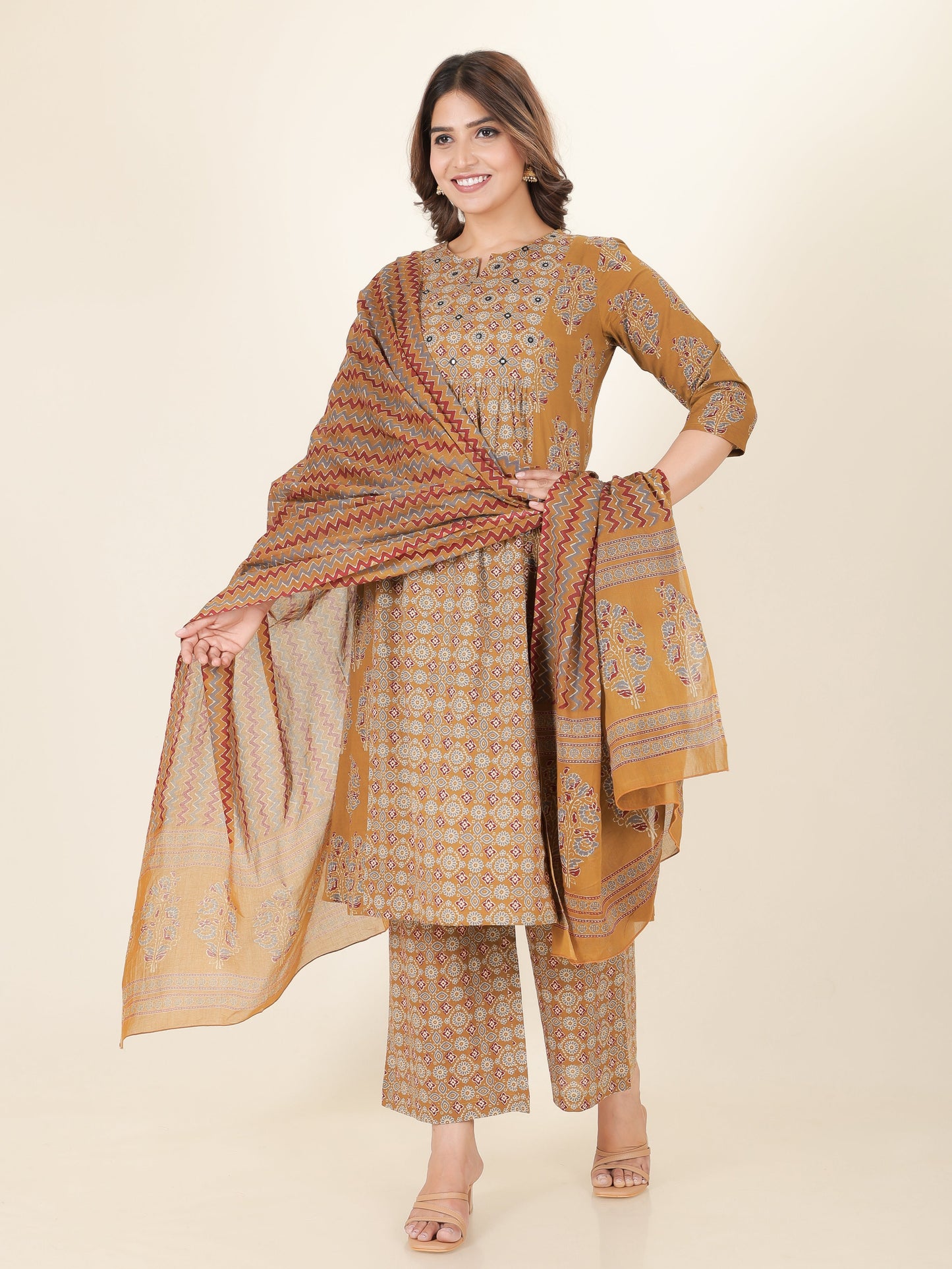 Soft Cotton Ajrakh Panelled Mustard Kurta