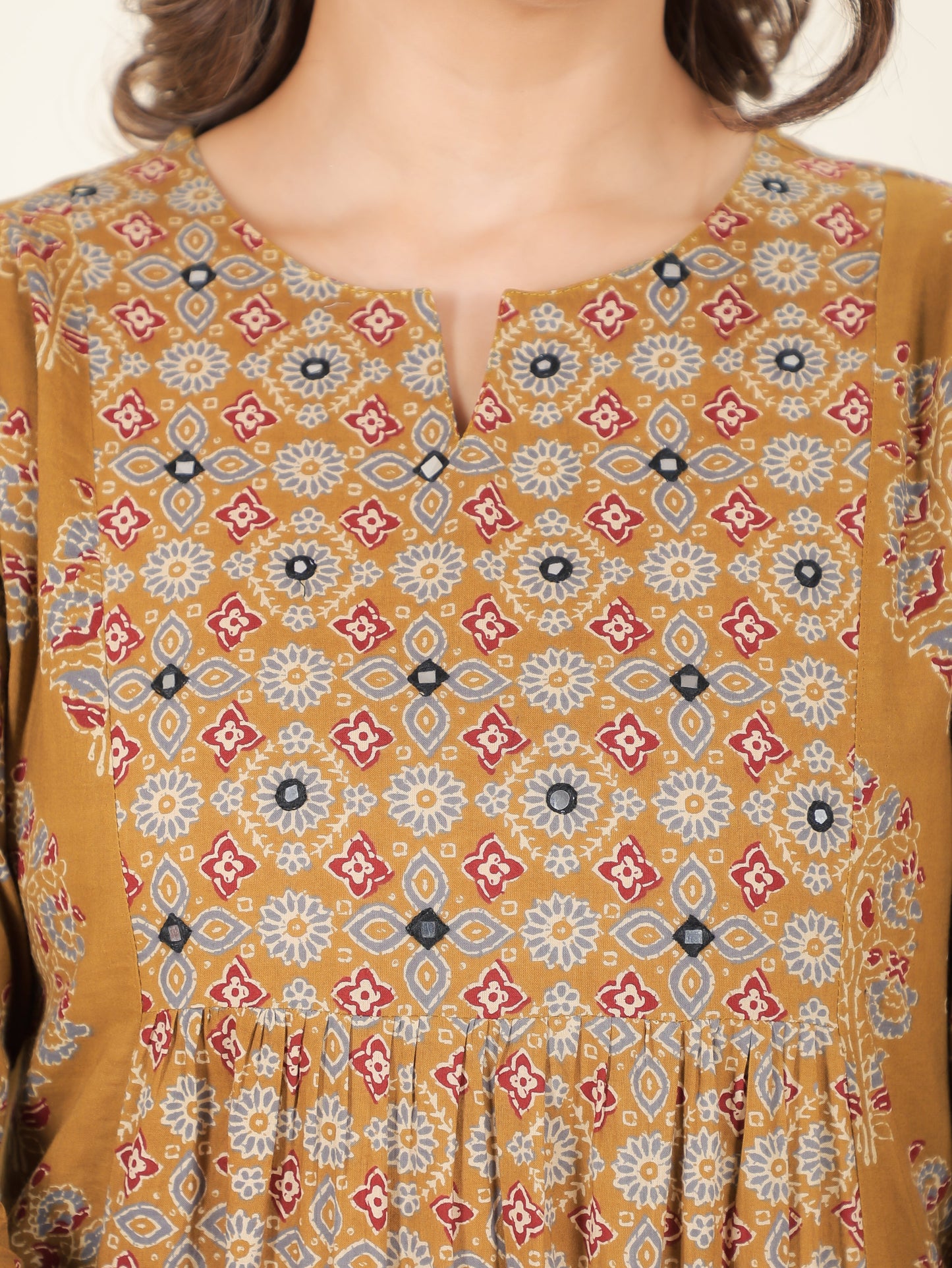 Soft Cotton Ajrakh Panelled Mustard Kurta