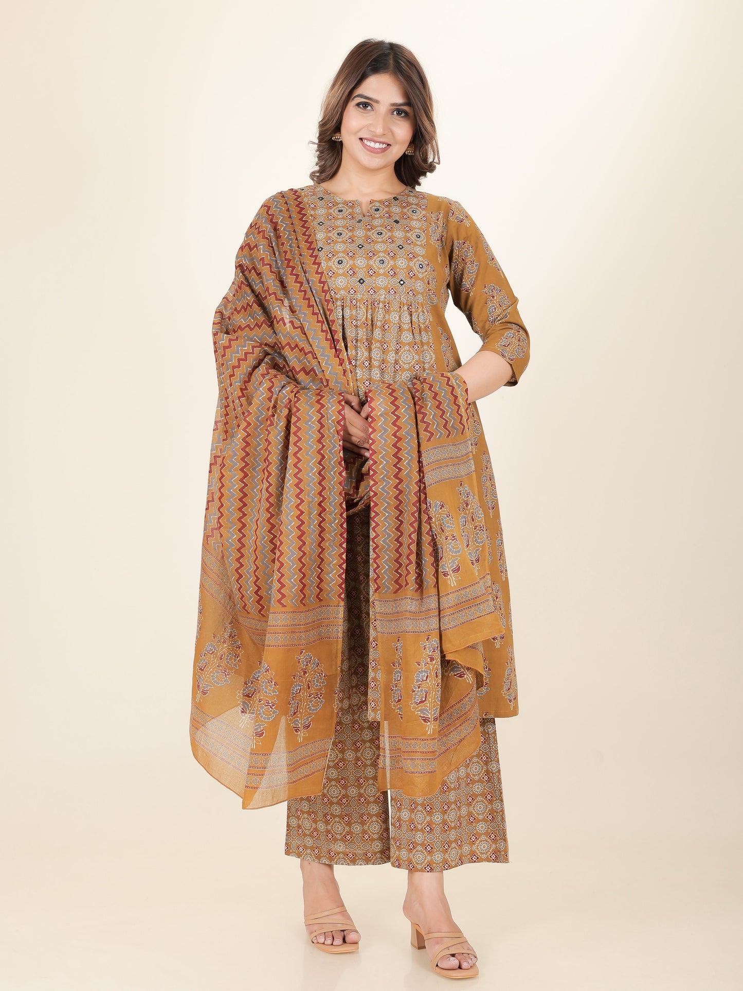 Soft Cotton Ajrakh Panelled Mustard Kurta