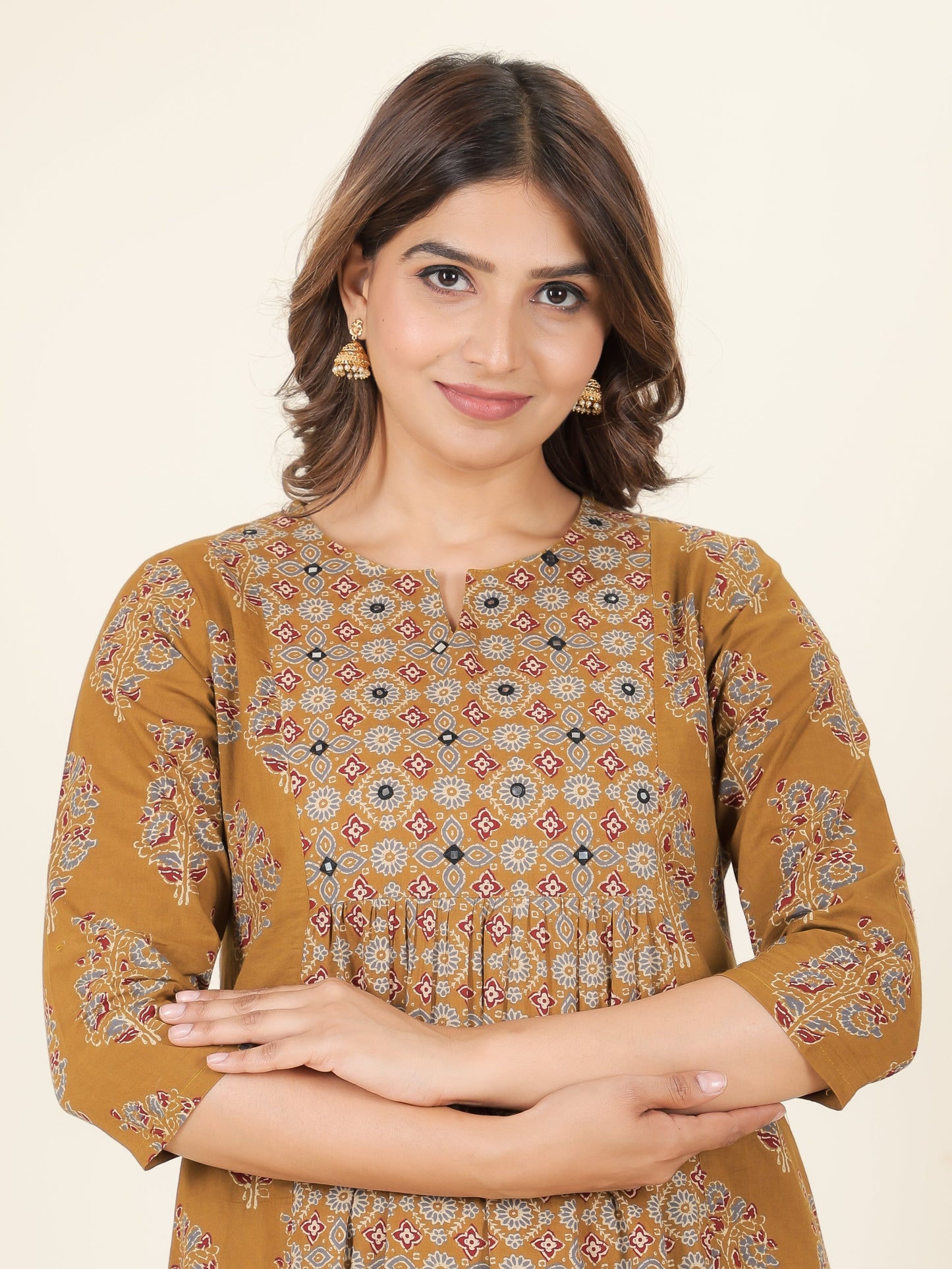Soft Cotton Ajrakh Panelled Mustard Kurta