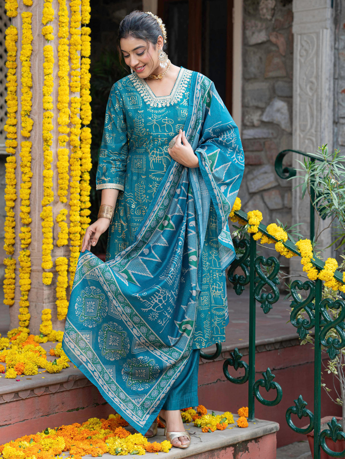 Chanderi Abstract Teal Dupatta