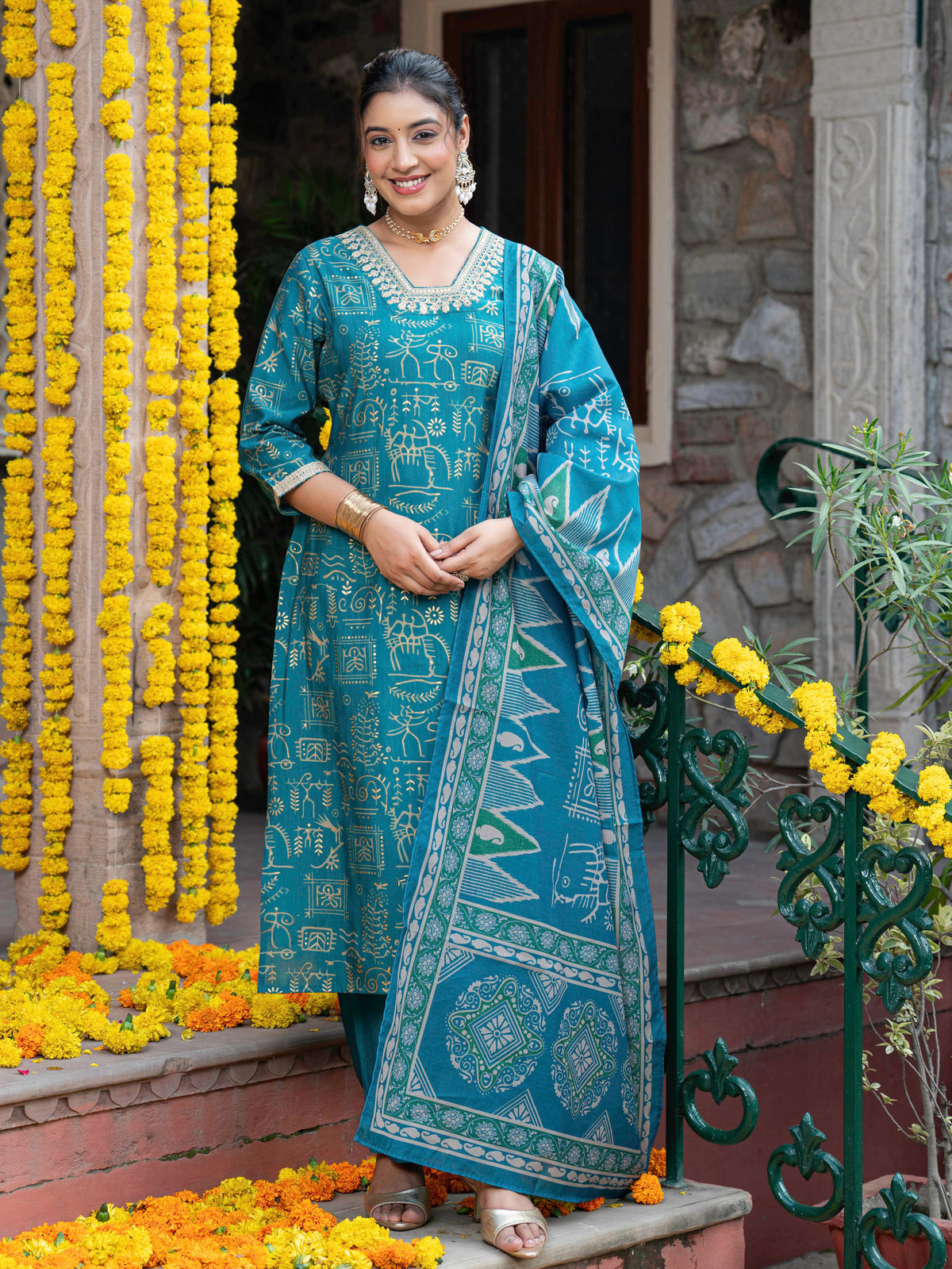 Chanderi Abstract Teal Dupatta