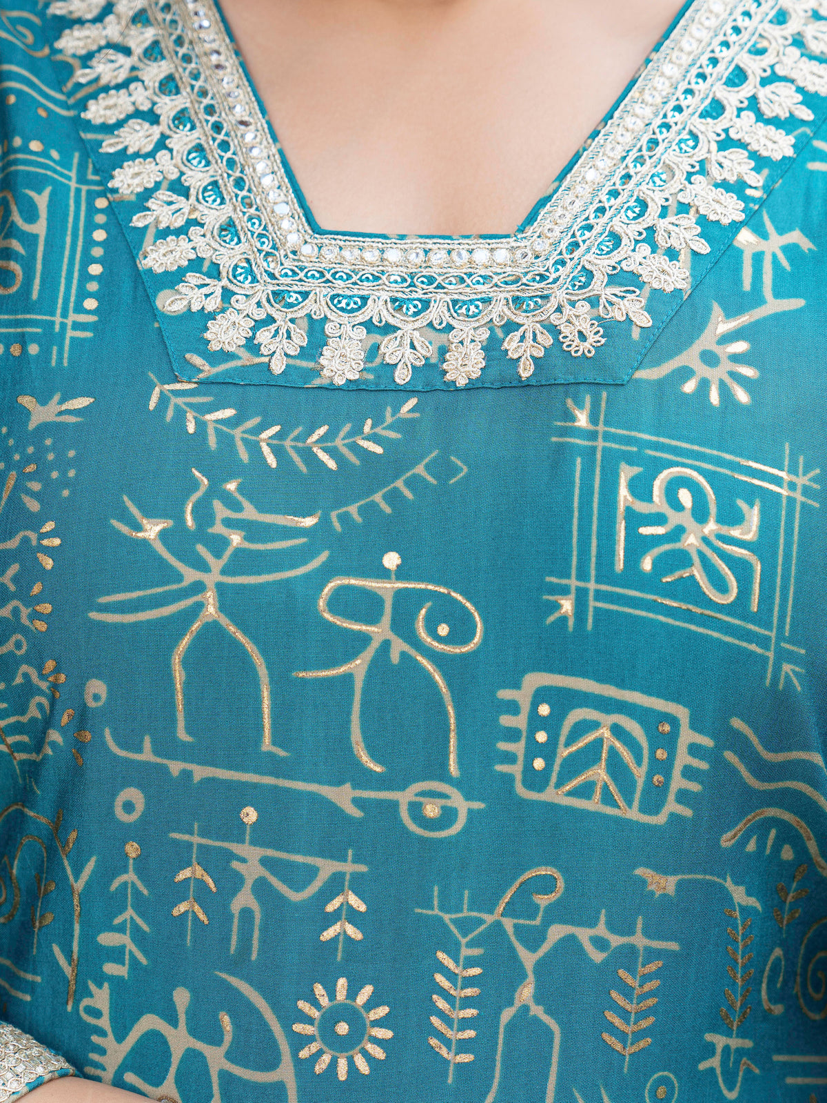 Embroidered Chanderi Abstract straight Teal Kurta