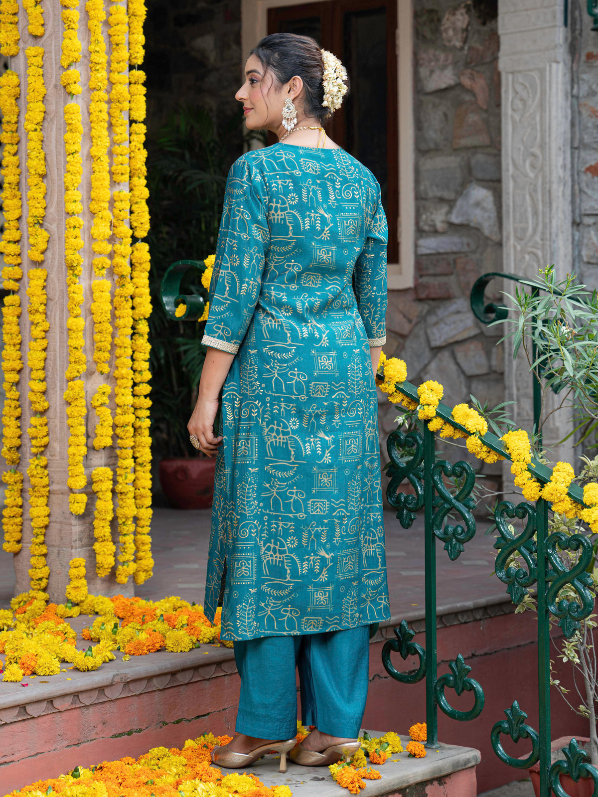 Embroidered Chanderi Abstract straight Teal Kurta