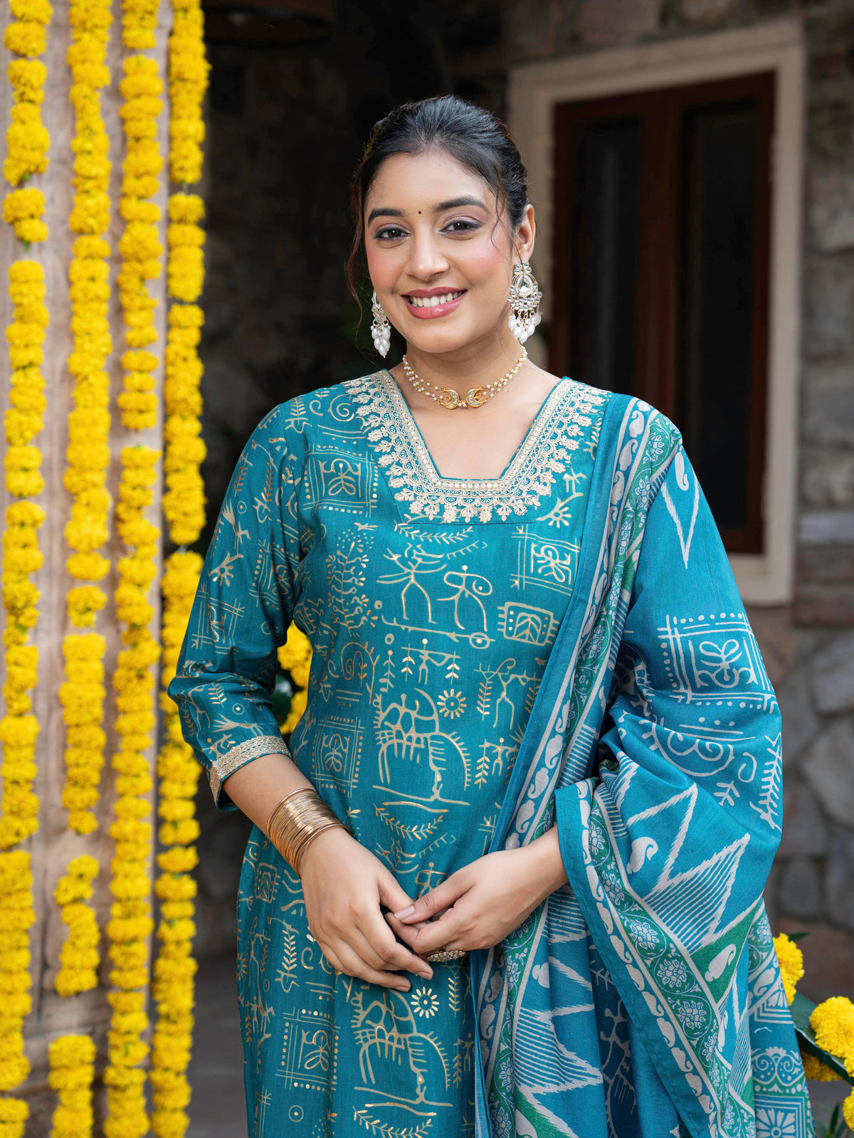 Embroidered Chanderi Abstract straight Teal Kurta