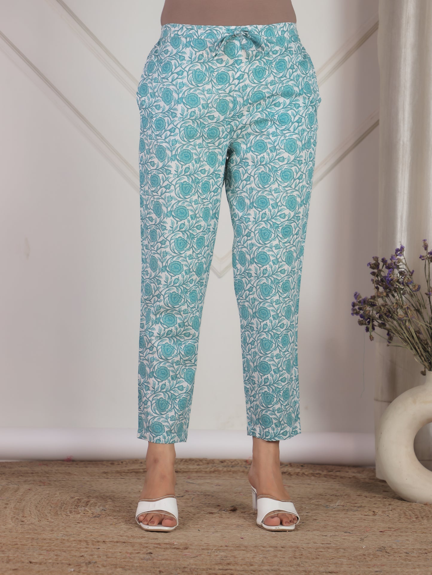 Soft Cotton Floral Turquoise Tapered Trousers