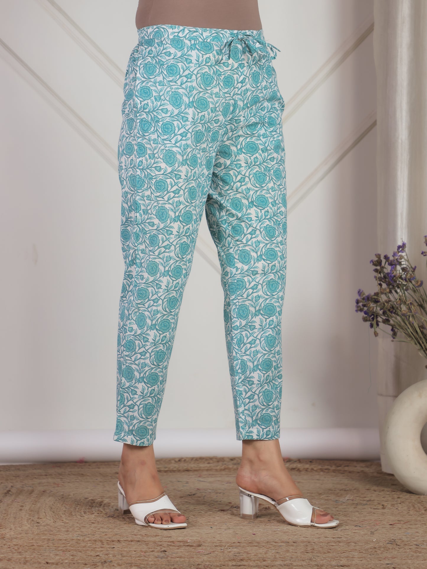 Soft Cotton Floral Turquoise Tapered Trousers