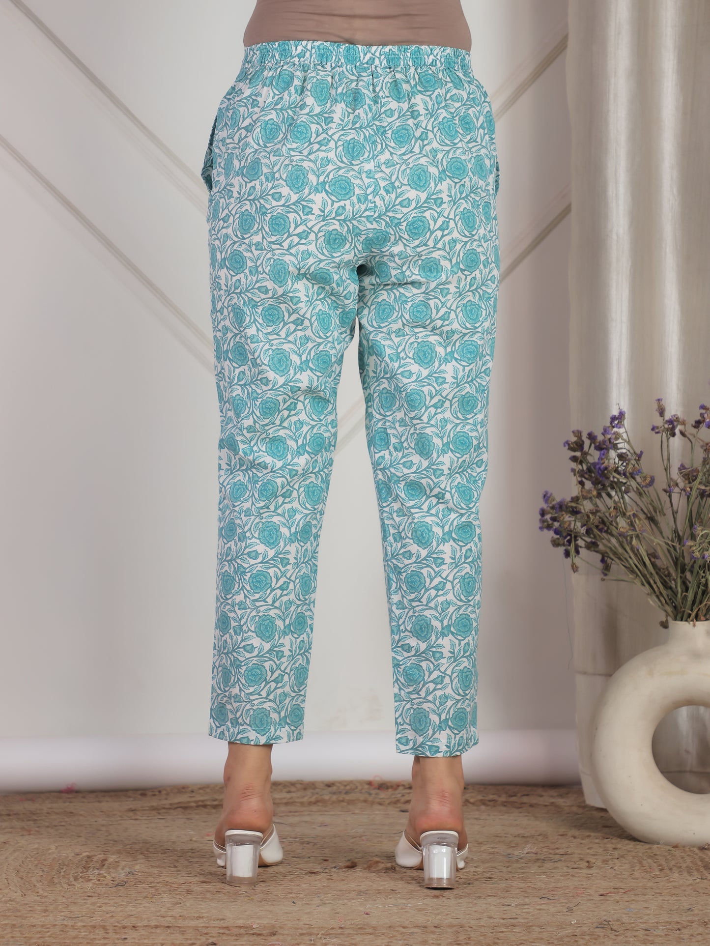 Soft Cotton Floral Turquoise Tapered Trousers