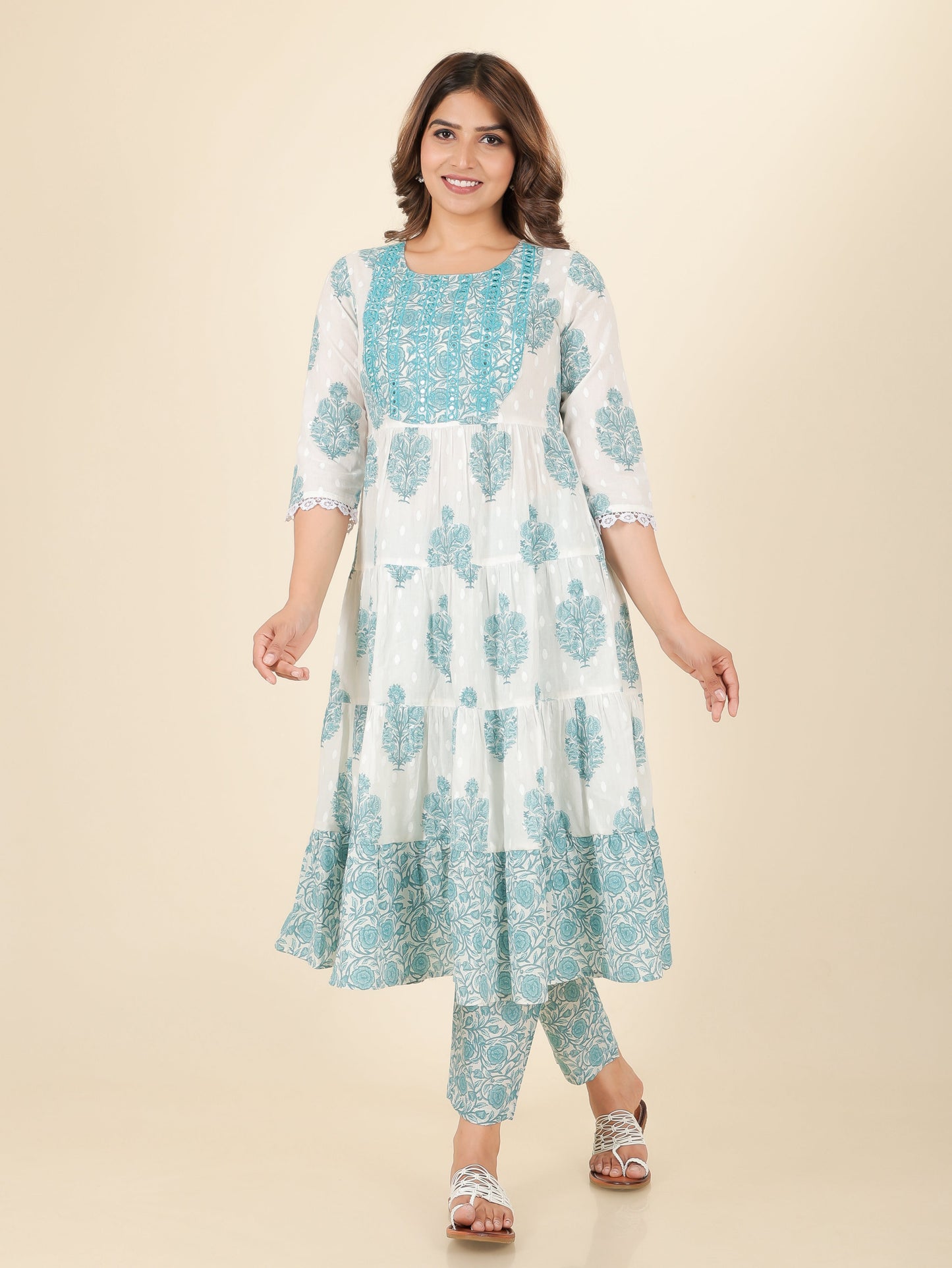 Soft Cotton Block Anarkali White Kurta