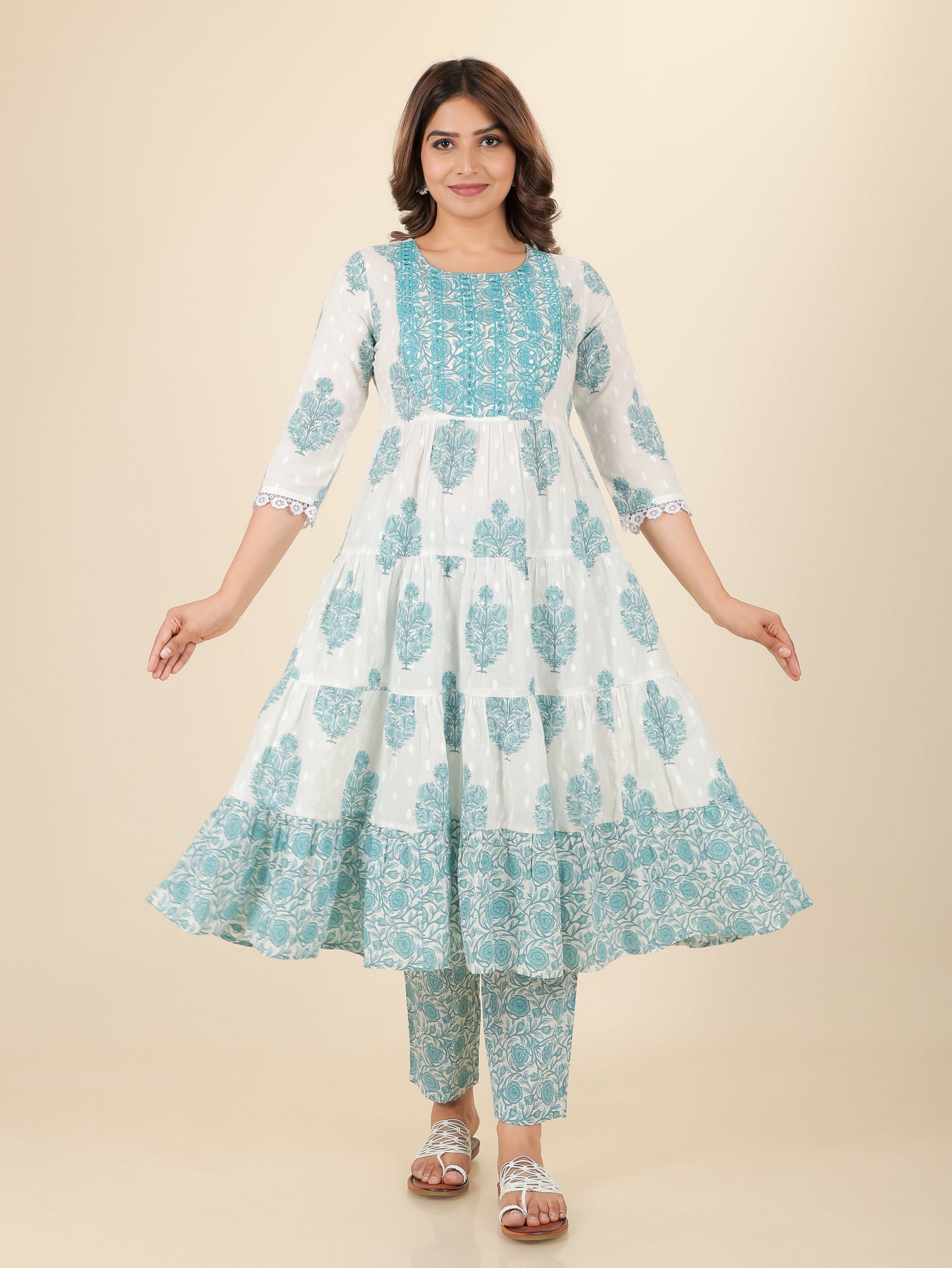Soft Cotton Block Anarkali White Kurta