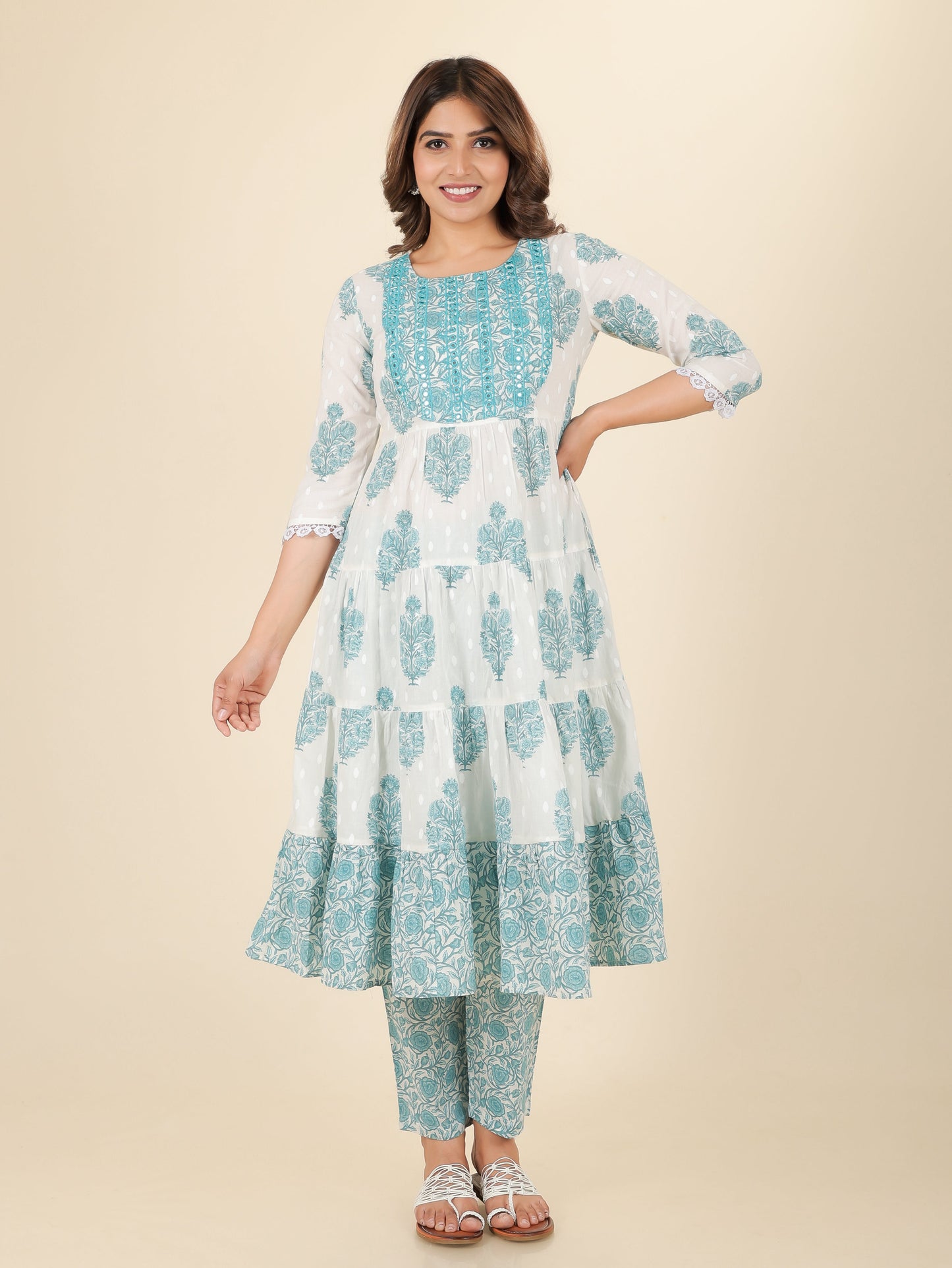 Soft Cotton Block Anarkali White Kurta